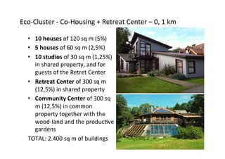 Eco-­‐Cluster	
  -­‐	
  Co-­‐Housing	
  +	
  Retreat	
  Center	
  –	
  0,	
  1	
  km	
  
•  10	
  houses	
  of	
  120	
  sq	
  m	
  (5%)	
  	
  
•  5	
  houses	
  of	
  60	
  sq	
  m	
  (2,5%)	
  
•  10	
  studios	
  of	
  30	
  sq	
  m	
  (1,25%)	
  	
  	
  	
  	
  	
  	
  	
  	
  
in	
  shared	
  property,	
  and	
  for	
  
guests	
  of	
  the	
  Retret	
  Center	
  
•  Retreat	
  Center	
  of	
  300	
  sq	
  m	
  
(12,5%)	
  in	
  shared	
  property	
  	
  
•  Community	
  Center	
  of	
  300	
  sq	
  
m	
  (12,5%)	
  in	
  common	
  
property	
  together	
  with	
  the	
  
wood-­‐land	
  and	
  the	
  producNve	
  
gardens	
  
TOTAL:	
  2.400	
  sq	
  m	
  of	
  buildings	
  

 