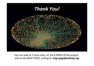  

Thank	
  You!	
  

	
  

	
  

You	
  can	
  look	
  at	
  7	
  more	
  slots,	
  on	
  the	
  6	
  PARTS	
  of	
  the	
  project,	
  	
  
and	
  on	
  the	
  NEXT	
  STEPS,	
  wriNng	
  to:	
  luigi.spiga@solitaly.org	
  
	
  

 