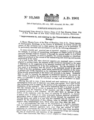 Patente de Nikola Tesla n B0013563