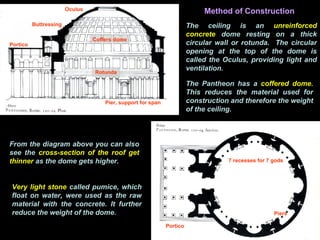 The ceiling is an unreinforced
concrete dome resting on a thick
circular wall or rotunda. The circular
opening at the top of the dome is
called the Oculus, providing light and
ventilation.
The Pantheon has a coffered dome.
This reduces the material used for
construction and therefore the weight
of the ceiling.
From the diagram above you can also
see the cross-section of the roof get
thinner as the dome gets higher.
Method of Construction
Very light stone called pumice, which
float on water, were used as the raw
material with the concrete. It further
reduce the weight of the dome.
Coffers dome
Oculus
Buttressing
Piers
7 recesses for 7 gods
Pier, support for span
Portico
Portico
Rotunda
 