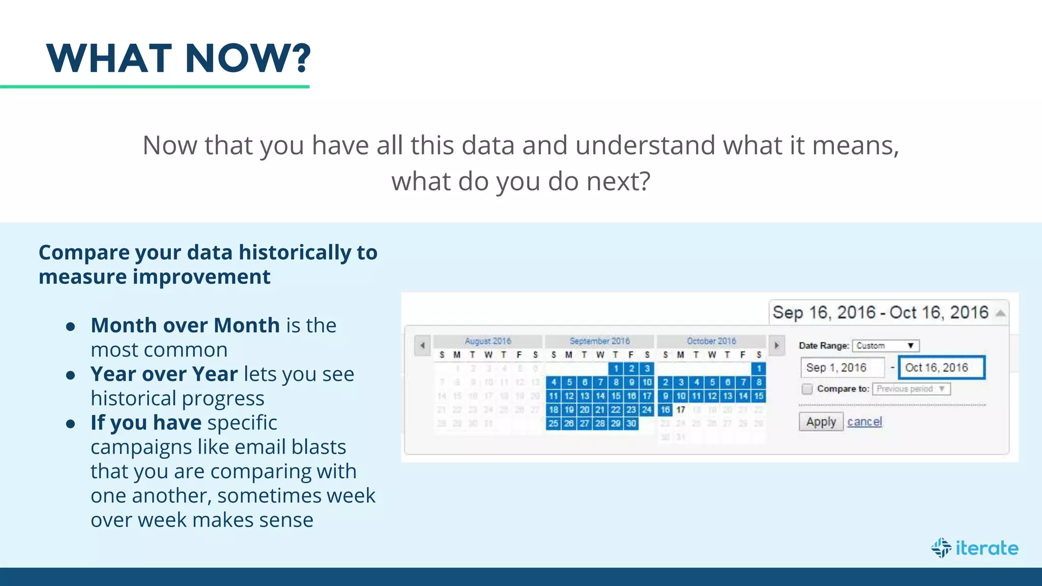 Now that you have all this data and understand what it means,
what do you do next?
Compare your data historically to
measure improvement
● Month over Month is the
most common
● Year over Year lets you see
historical progress
● If you have specific
campaigns like email blasts
that you are comparing with
one another, sometimes week
over week makes sense
WHAT NOW?
 