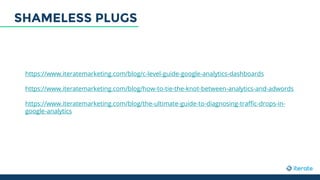 https://www.iteratemarketing.com/blog/c-level-guide-google-analytics-dashboards
https://www.iteratemarketing.com/blog/how-to-tie-the-knot-between-analytics-and-adwords
https://www.iteratemarketing.com/blog/the-ultimate-guide-to-diagnosing-traffic-drops-in-
google-analytics
SHAMELESS PLUGS
 