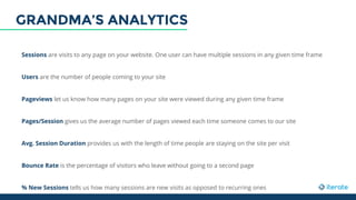 Sessions are visits to any page on your website. One user can have multiple sessions in any given time frame
Users are the number of people coming to your site
Pageviews let us know how many pages on your site were viewed during any given time frame
Pages/Session gives us the average number of pages viewed each time someone comes to our site
Avg. Session Duration provides us with the length of time people are staying on the site per visit
Bounce Rate is the percentage of visitors who leave without going to a second page
% New Sessions tells us how many sessions are new visits as opposed to recurring ones
GRANDMA’S ANALYTICS
 