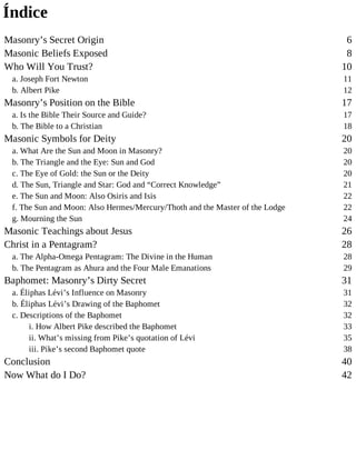 Índice
Masonry’s Secret Origin 6
Masonic Beliefs Exposed 8
Who Will You Trust? 10
a. Joseph Fort Newton 11
b. Albert Pike 12
Masonry’s Position on the Bible 17
a. Is the Bible Their Source and Guide? 17
b. The Bible to a Christian 18
Masonic Symbols for Deity 20
a. What Are the Sun and Moon in Masonry? 20
b. The Triangle and the Eye: Sun and God 20
c. The Eye of Gold: the Sun or the Deity 20
d. The Sun, Triangle and Star: God and “Correct Knowledge” 21
e. The Sun and Moon: Also Osiris and Isis 22
f. The Sun and Moon: Also Hermes/Mercury/Thoth and the Master of the Lodge 22
g. Mourning the Sun 24
Masonic Teachings about Jesus 26
Christ in a Pentagram? 28
a. The Alpha-Omega Pentagram: The Divine in the Human 28
b. The Pentagram as Ahura and the Four Male Emanations 29
Baphomet: Masonry’s Dirty Secret 31
a. Éliphas Lévi’s Influence on Masonry 31
b. Éliphas Lévi’s Drawing of the Baphomet 32
c. Descriptions of the Baphomet 32
i. How Albert Pike described the Baphomet 33
ii. What’s missing from Pike’s quotation of Lévi 35
iii. Pike’s second Baphomet quote 38
Conclusion 40
Now What do I Do? 42
 