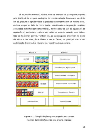 49
Já no próximo exemplo, nota-se mais um exemplo de planograma proposto
pela Nestlé, desta vez para a categoria de cereais matinais. Assim como para leite
em pó, procura-se agrupar todos os produtos da companhia em um mesmo bloco,
embora sempre ao lado da concorrência, incentivando a comparação: produtos
açucarados da Nestlé (como Snow Flakes), deverão estar ao lado de açucarados da
concorrência, assim como produtos em sachet da empresa deverão estar lado-a-
lado ao dos demais players. Também nota-se a preocupação em deixar, na altura
dos olhos e das mãos, Snow Flakes e Nescau Cereal, as principais marcas em
participação de mercado e faturamento, incentivando sua compra.
Figura 8.7. Exemplo de planograma proposto para cereais
matinais da Nestlé (fornecido pela própria empresa)
 