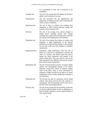 AUDITS OF THE FINANCIAL STATEMENTS OF BANKS
IAPS 1006 68
of a counterparty to enter into a transaction is not
established.
Liquidity risk: The risk of loss arising from the changes in the bank’s
ability to sell or dispose of an asset.
Modeling risk: The risk associated with the imperfections and
subjectivity of valuation models used to determine the
values of assets or liabilities.
Operational risk: The risk of direct or indirect loss resulting from
inadequate or failed internal processes, people and
systems or from external events.
Price risk: The risk of loss arising from adverse changes in
market prices, including interest rates, foreign
exchange rates, equity and commodity prices and from
movements in the market prices of investments.
Regulatory risk: The risk of loss arising from failure to comply with
regulatory or legal requirements in the relevant
jurisdiction in which the bank operates. It also includes
any loss that could arise from changes in regulatory
requirements.
Replacement risk: (Sometimes called performance risk) The risk of
failure of a customer or counterparty to perform the
terms of a contract. This failure creates the need to
replace the failed transaction with another at the
current market price. This may result in a loss to the
bank equivalent to the difference between the contract
price and the current market price.
Reputational risk: The risk of losing business because of negative public
opinion and consequential damage to the bank’s
reputation arising from failure to properly manage
some of the above risks, or from involvement in
improper or illegal activities by the bank or its senior
management, such as money laundering or attempts to
cover up losses.
Settlement risk: The risk that one side of a transaction will be settled
without value being received from the customer or
counterparty. This will generally result in the loss to
the bank of the full principal amount.
Solvency risk: The risk of loss arising from the possibility of the bank
not having sufficient funds to meet its obligations, or
from the bank’s inability to access capital markets to
raise required funds.
 