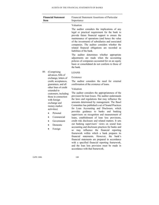 AUDITS OF THE FINANCIAL STATEMENTS OF BANKS
IAPS 1006 100
Financial Statement
Item
Financial Statement Assertions of Particular
Importance
Valuation
The auditor considers the implications of any
legal or practical requirement for the bank to
provide future financial support to ensure the
maintenance of operations (and hence the value
of the investment) of subsidiaries and associated
companies. The auditor considers whether the
related financial obligations are recorded as
liabilities of the bank.
The auditor determines whether appropriate
adjustments are made when the accounting
policies of companies accounted for on an equity
basis or consolidated do not conform to those of
the bank.
89. (Comprising
advances, bills of
exchange, letters of
credit, acceptances,
guarantees, and all
other lines of credit
extended to
customers, including
those in connection
with foreign
exchange and
money market
activities)
• Personal
• Commercial
• Government
• Domestic
• Foreign
LOANS
Existence
The auditor considers the need for external
confirmation of the existence of loans.
Valuation
The auditor considers the appropriateness of the
provision for loan losses. The auditor understands
the laws and regulations that may influence the
amounts determined by management. The Basel
Committee has published a set of Sound Practices
for Loan Accounting and Disclosure, which
provides guidance to banks and banking
supervisors on recognition and measurement of
loans, establishment of loan loss provisions,
credit risk disclosure and related matters. It sets
out banking supervisors’ views on sound loan
accounting and disclosure practices for banks and
so may influence the financial reporting
framework within which a bank prepares its
financial statements. However, the bank’s
financial statements are prepared in accordance
with a specified financial reporting framework,
and the loan loss provision must be made in
accordance with that framework.
 