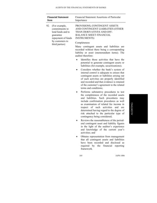 AUDITS OF THE FINANCIAL STATEMENTS OF BANKS
IAPS 1006105
AUDITING
Financial Statement
Item
Financial Statement Assertions of Particular
Importance
92. (For example,
commitments to
lend funds and to
guarantee
repayment of funds
by customers to
third parties)
PROVISIONS, CONTINGENT ASSETS
AND CONTINGENT LIABILITIES (OTHER
THAN DERIVATIVES AND OFF-
BALANCE SHEET FINANCIAL
INSTRUMENTS)
Completeness
Many contingent assets and liabilities are
recorded without there being a corresponding
liability or asset (memorandum items). The
auditor therefore:
• Identifies those activities that have the
potential to generate contingent assets or
liabilities (for example, securitizations);
• Considers whether the bank’s system of
internal control is adequate to ensure that
contingent assets or liabilities arising out
of such activities are properly identified
and recorded and that evidence is retained
of the customer’s agreement to the related
terms and conditions;
• Performs substantive procedures to test
the completeness of the recorded assets
and liabilities. Such procedures may
include confirmation procedures as well
as examination of related fee income in
respect of such activities and are
determined having regard to the degree of
risk attached to the particular type of
contingency being considered;
• Reviews the reasonableness of the period-
end contingent asset and liability figures
in the light of the auditor’s experience
and knowledge of the current year’s
activities; and
• Obtains representation from management
that all contingent assets and liabilities
have been recorded and disclosed as
required by the financial reporting
framework.
 