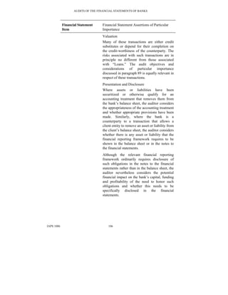 AUDITS OF THE FINANCIAL STATEMENTS OF BANKS
IAPS 1006 106
Financial Statement
Item
Financial Statement Assertions of Particular
Importance
Valuation
Many of these transactions are either credit
substitutes or depend for their completion on
the credit-worthiness of the counterparty. The
risks associated with such transactions are in
principle no different from those associated
with “Loans.” The audit objectives and
considerations of particular importance
discussed in paragraph 89 is equally relevant in
respect of these transactions.
Presentation and Disclosure
Where assets or liabilities have been
securitized or otherwise qualify for an
accounting treatment that removes them from
the bank’s balance sheet, the auditor considers
the appropriateness of the accounting treatment
and whether appropriate provisions have been
made. Similarly, where the bank is a
counterparty to a transaction that allows a
client entity to remove an asset or liability from
the client’s balance sheet, the auditor considers
whether there is any asset or liability that the
financial reporting framework requires to be
shown in the balance sheet or in the notes to
the financial statements.
Although the relevant financial reporting
framework ordinarily requires disclosure of
such obligations in the notes to the financial
statements rather than in the balance sheet, the
auditor nevertheless considers the potential
financial impact on the bank’s capital, funding
and profitability of the need to honor such
obligations and whether this needs to be
specifically disclosed in the financial
statements.
 