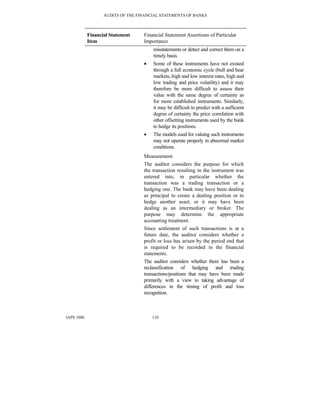 AUDITS OF THE FINANCIAL STATEMENTS OF BANKS
IAPS 1006 110
Financial Statement
Item
Financial Statement Assertions of Particular
Importance
misstatements or detect and correct them on a
timely basis.
• Some of these instruments have not existed
through a full economic cycle (bull and bear
markets, high and low interest rates, high and
low trading and price volatility) and it may
therefore be more difficult to assess their
value with the same degree of certainty as
for more established instruments. Similarly,
it may be difficult to predict with a sufficient
degree of certainty the price correlation with
other offsetting instruments used by the bank
to hedge its positions.
• The models used for valuing such instruments
may not operate properly in abnormal market
conditions.
Measurement
The auditor considers the purpose for which
the transaction resulting in the instrument was
entered into, in particular whether the
transaction was a trading transaction or a
hedging one. The bank may have been dealing
as principal to create a dealing position or to
hedge another asset, or it may have been
dealing as an intermediary or broker. The
purpose may determine the appropriate
accounting treatment.
Since settlement of such transactions is at a
future date, the auditor considers whether a
profit or loss has arisen by the period end that
is required to be recorded in the financial
statements.
The auditor considers whether there has been a
reclassification of hedging and trading
transactions/positions that may have been made
primarily with a view to taking advantage of
differences in the timing of profit and loss
recognition.
 