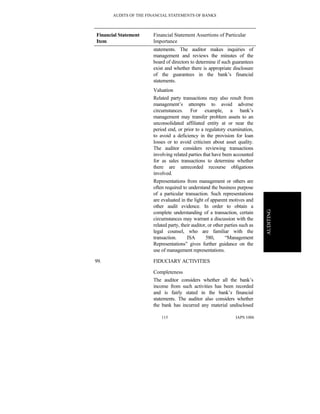 AUDITS OF THE FINANCIAL STATEMENTS OF BANKS
IAPS 1006115
AUDITING
Financial Statement
Item
Financial Statement Assertions of Particular
Importance
statements. The auditor makes inquiries of
management and reviews the minutes of the
board of directors to determine if such guarantees
exist and whether there is appropriate disclosure
of the guarantees in the bank’s financial
statements.
Valuation
Related party transactions may also result from
management’s attempts to avoid adverse
circumstances. For example, a bank’s
management may transfer problem assets to an
unconsolidated affiliated entity at or near the
period end, or prior to a regulatory examination,
to avoid a deficiency in the provision for loan
losses or to avoid criticism about asset quality.
The auditor considers reviewing transactions
involving related parties that have been accounted
for as sales transactions to determine whether
there are unrecorded recourse obligations
involved.
Representations from management or others are
often required to understand the business purpose
of a particular transaction. Such representations
are evaluated in the light of apparent motives and
other audit evidence. In order to obtain a
complete understanding of a transaction, certain
circumstances may warrant a discussion with the
related party, their auditor, or other parties such as
legal counsel, who are familiar with the
transaction. ISA 580, “Management
Representations” gives further guidance on the
use of management representations.
99. FIDUCIARY ACTIVITIES
Completeness
The auditor considers whether all the bank’s
income from such activities has been recorded
and is fairly stated in the bank’s financial
statements. The auditor also considers whether
the bank has incurred any material undisclosed
 