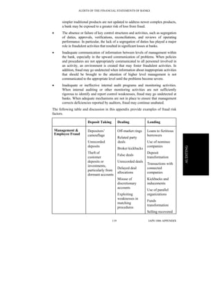 AUDITS OF THE FINANCIAL STATEMENTS OF BANKS
IAPS 1006 APPENDIX119
AUDITING
simpler traditional products are not updated to address newer complex products,
a bank may be exposed to a greater risk of loss from fraud.
• The absence or failure of key control structures and activities, such as segregation
of duties, approvals, verifications, reconciliations, and reviews of operating
performance. In particular, the lack of a segregation of duties has played a major
role in fraudulent activities that resulted in significant losses at banks.
• Inadequate communication of information between levels of management within
the bank, especially in the upward communication of problems. When policies
and procedures are not appropriately communicated to all personnel involved in
an activity, an environment is created that may foster fraudulent activities. In
addition, fraud may go undetected when information about inappropriate activities
that should be brought to the attention of higher level management is not
communicated to the appropriate level until the problems become severe.
• Inadequate or ineffective internal audit programs and monitoring activities.
When internal auditing or other monitoring activities are not sufficiently
rigorous to identify and report control weaknesses, fraud may go undetected at
banks. When adequate mechanisms are not in place to ensure that management
corrects deficiencies reported by auditors, fraud may continue unabated.
The following table and discussion in this appendix provide examples of fraud risk
factors.
Deposit Taking Dealing Lending
Management &
Employee Fraud
Depositors’
camouflage
Unrecorded
deposits
Theft of
customer
deposits or
investments,
particularly from
dormant accounts
Off-market rings
Related party
deals
Broker kickbacks
False deals
Unrecorded deals
Delayed deal
allocations
Misuse of
discretionary
accounts
Exploiting
weaknesses in
matching
procedures
Loans to fictitious
borrowers
Use of nominee
companies
Deposit
transformation
Transactions with
connected
companies
Kickbacks and
inducements
Use of parallel
organizations
Funds
transformation
Selling recovered
 