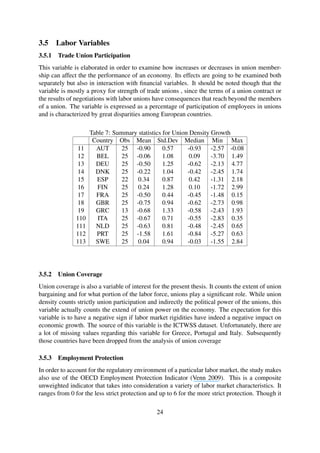 3.5 Labor Variables
3.5.1 Trade Union Participation
This variable is elaborated in order to examine how increases or decreases in union member-
ship can affect the the performance of an economy. Its effects are going to be examined both
separately but also in interaction with ﬁnancial variables. It should be noted though that the
variable is mostly a proxy for strength of trade unions , since the terms of a union contract or
the results of negotiations with labor unions have consequences that reach beyond the members
of a union. The variable is expressed as a percentage of participation of employees in unions
and is characterized by great disparities among European countries.
Table 7: Summary statistics for Union Density Growth
Country Obs Mean Std.Dev Median Min Max
11 AUT 25 -0.90 0.57 -0.93 -2.57 -0.08
12 BEL 25 -0.06 1.08 0.09 -3.70 1.49
13 DEU 25 -0.50 1.25 -0.62 -2.13 4.77
14 DNK 25 -0.22 1.04 -0.42 -2.45 1.74
15 ESP 22 0.34 0.87 0.42 -1.31 2.18
16 FIN 25 0.24 1.28 0.10 -1.72 2.99
17 FRA 25 -0.50 0.44 -0.45 -1.48 0.15
18 GBR 25 -0.75 0.94 -0.62 -2.73 0.98
19 GRC 13 -0.68 1.33 -0.58 -2.43 1.93
110 ITA 25 -0.67 0.71 -0.55 -2.83 0.35
111 NLD 25 -0.63 0.81 -0.48 -2.45 0.65
112 PRT 25 -1.58 1.61 -0.84 -5.27 0.63
113 SWE 25 0.04 0.94 -0.03 -1.55 2.84
3.5.2 Union Coverage
Union coverage is also a variable of interest for the present thesis. It counts the extent of union
bargaining and for what portion of the labor force, unions play a signiﬁcant role. While union
density counts strictly union participation and indirectly the political power of the unions, this
variable actually counts the extend of union power on the economy. The expectation for this
variable is to have a negative sign if labor market rigidities have indeed a negative impact on
economic growth. The source of this variable is the ICTWSS dataset. Unfortunately, there are
a lot of missing values regarding this variable for Greece, Portugal and Italy. Subsequently
those countries have been dropped from the analysis of union coverage
3.5.3 Employment Protection
In order to account for the regulatory environment of a particular labor market, the study makes
also use of the OECD Employment Protection Indicator (Venn 2009). This is a composite
unweighted indicator that takes into consideration a variety of labor market characteristics. It
ranges from 0 for the less strict protection and up to 6 for the more strict protection. Though it
24
 