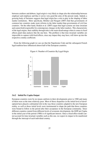 between creditors and debtors, legal origin is very likely to shape also the relationship between
employer and employee and thus it serves very good the aims of the present study. Indeed, a
growing body of literature suggests that legal origin has a role to play in the shaping of labor
market institutions. More speciﬁcaly, Hefeker and Neugart (2007) ﬁnd that governments of
common law countries make more reforms in the labor market than governments of civil law
countries. On the other hand, Deakin et al. (2007) argue that legal systems are time invariant
and cannot hold responsible for contemporary changes in the labor markets. This characteristic
of the legal origins, their stability through time is the main disadvantage when it comes to ﬁxed
effects panel data analysis like the one here. The problem is that time invariant variables are
impossible to capture with ﬁxed effects, since any impact they may have, will show up into the
respective country coefﬁcient.
From the following graph we can see that the Napoleonic Code and the subsequent French
legal tradition have inﬂuenced almost half of the European countries.
Figure 4: Number of Countries By Legal Origin
Scandinavian German French English
NumberofCountries
0123456
3.6.2 Initial Per Capita Output
European countries were by no means uniform in their developments prior to 1980 and many
of them were at the time relatively poor. Most of those disparities in the initial level of devel-
opment have played a substantial role in the way those countries adapted to the new European
reality, as well as those initial levels were instrumental to shape the path that those countries
were bound to follow in the period after their acceptance in the European community. Since
different countries started from different levels of economic development, the GDP per Capita
in the initial year of the period (1980) is of signiﬁcant interest. Since a ﬁxed effect model can-
not account for time invariant variables such as this one, we expect its impact to be manifested
through the intercept of each individual country.
27
 