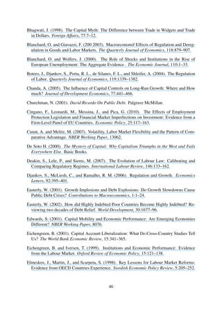 Bhagwati, J. (1998). The Capital Myth: The Difference between Trade in Widgets and Trade
in Dollars. Foreign Affairs, 77:7–12.
Blanchard, O. and Giavazzi, F. (200 2003). Macroeconomif Effects of Regulation and Dereg-
ulation in Goods and Labor Markets. The Quarterly Journal of Economics, 118:879–907.
Blanchard, O. and Wolfers, J. (2000). The Role of Shocks and Institutions in the Rise of
European Unemployment: The Aggregate Evidence . The Economic Journal, 110:1–33.
Botero, J., Djankov, S., Porta, R. L., de Silanes, F. L., and Shleifer, A. (2004). The Regulation
of Labor. Quarterly Journal of Economics, 119:1339–1382.
Chanda, A. (2005). The Inﬂuence of Capital Controls on Long-Run Growth: Where and How
much? Journal of Development Economics, 77:441–466.
Churchman, N. (2001). David Ricardo On Public Debt. Palgrave McMillan.
Cingano, F., Leonardi, M., Messina, J., and Pica, G. (2010). The Effects of Employment
Protection Legislation and Financial Market Imperfections on Investment: Evidence from a
Firm-Level Panel of EU Countries. Economic Policy, 25:117–163.
Cunat, A. and Melitz, M. (2007). Volatility, Labor Market Flexibility and the Pattern of Com-
parative Advantage. NBER Working Paper, 13062.
De Soto H. (2000). The Mystery of Capital: Why Capitalism Triumphs in the West and Fails
Everywhere Else. Basic Books.
Deakin, S., Lele, P., and Siems, M. (2007). The Evolution of Labour Law: Calibrating and
Comparing Regulatory Regimes. International Labour Review, 146:133–162.
Djankov, S., McLiesh, C., and Ramalho, R. M. (2006). Regulation and Growth. Economics
Letters, 92:395–401.
Easterly, W. (2001). Growth Implosions and Debt Explosions: Do Growth Slowdowns Cause
Public Debt Crises? Contributions to Macroeconomics, 1:1–24.
Easterly, W. (2002). How did Highly Indebted Poor Countries Become Highly Indebted? Re-
viewing two decades of Debt Relief. World Development, 30:1677–96.
Edwards, S. (2001). Capital Mobility and Economic Performance: Are Emerging Economies
Different? NBER Working Paper, 8076.
Eichengreen, B. (2001). Capital Account Liberalization: What Do Cross-Country Studies Tell
Us? The World Bank Economic Review, 15:341–365.
Eichengreen, B. and Iversen, T. (1999). Institutions and Economic Performance: Evidence
from the Labour Market. Oxford Review of Economic Policy, 15:121–138.
Elmeskov, J., Martin, J., and Scarpeta, S. (1998). Key Lessons for Labour Market Reforms:
Evidence from OECD Countries Experience. Swedish Economic Policy Review, 5:205–252.
46
 