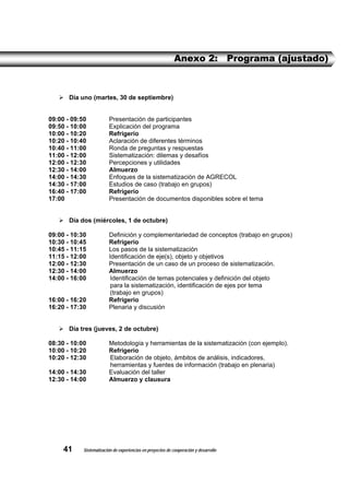 Anexo 2: Programa (ajustado)



       Día uno (martes, 30 de septiembre)


09:00 - 09:50            Presentación de participantes
09:50 - 10:00            Explicación del programa
10:00 - 10:20            Refrigerio
10:20 - 10:40            Aclaración de diferentes términos
10:40 - 11:00            Ronda de preguntas y respuestas
11:00 - 12:00            Sistematización: dilemas y desafíos
12:00 - 12:30            Percepciones y utilidades
12:30 - 14:00            Almuerzo
14:00 - 14:30            Enfoques de la sistematización de AGRECOL
14:30 - 17:00            Estudios de caso (trabajo en grupos)
16:40 - 17:00            Refrigerio
17:00                    Presentación de documentos disponibles sobre el tema


       Día dos (miércoles, 1 de octubre)

09:00 - 10:30            Definición y complementariedad de conceptos (trabajo en grupos)
10:30 - 10:45            Refrigerio
10:45 - 11:15            Los pasos de la sistematización
11:15 - 12:00            Identificación de eje(s), objeto y objetivos
12:00 - 12:30            Presentación de un caso de un proceso de sistematización.
12:30 - 14:00            Almuerzo
14:00 - 16:00             Identificación de temas potenciales y definición del objeto
                          para la sistematización, identificación de ejes por tema
                          (trabajo en grupos)
16:00 - 16:20            Refrigerio
16:20 - 17:30            Plenaria y discusión


       Día tres (jueves, 2 de octubre)

08:30 - 10:00            Metodología y herramientas de la sistematización (con ejemplo).
10:00 - 10:20            Refrigerio
10:20 - 12:30            Elaboración de objeto, ámbitos de análisis, indicadores,
                         herramientas y fuentes de información (trabajo en plenaria)
14:00 - 14:30            Evaluación del taller
12:30 - 14:00            Almuerzo y clausura




     41     Sistematización de experiencias en proyectos de cooperación y desarrollo
 