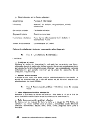 Otras influencias (por ej. Sectas religiosas).

Herramientas                           Fuentes de información

Entrevistas                            Radio PIO XII, Hombres y mujeres líderes, familias
                                       beneficiadas.

Discusiones grupales                   Familias beneficiadas.

Observación directa                    Reuniones comunales.

Inventario de estadísticas             Yuyay Jap`ina (alfabetización); Centro de Salud y
                                       Defensoría del Pueblo.

Análisis de documentos                 Documentos de APO Mallku.


Elaboración del plan de trabajo con responsables, plazo, lugar, etc.


              4.3       Fase 3: Levantamiento de información

Consiste de:

       Trabajo en el campo
   Mediante el equipo de sistematización, aplicando las herramientas que fueron
   elaboradas durante la elaboración de la propuesta. Siempre se necesita seguimiento
   para ajustar las herramientas a la realidad del campo y las necesidades del equipo de
   sistematización (por ejemplo, decidieron ya no anotar las respuestas de las
   entrevistas pero grabarlas).

       Análisis de documentos
   A través de una matriz que ayudó analizar sistemáticamente los documentos, el
   equipo de sistematización se ocupó del análisis de los informes, evaluaciones,
   planificaciones, etc. de APO Mallku.


              4.4       Fase 4: Reconstrucción, análisis y reflexión de fondo del proceso
                        vivido

       Taller de profundización de información
   Mediante la aplicación de varias herramientas, entre ellas el río de la vida, se
   profundiza la información que ha recolectado el equipo de sistematización.

       Taller de reconstrucción, análisis y reflexión
   En talleres con las mujeres de Muruq`u Marka y el equipo de APO Mallku, se
   construye una visión histórica sobre el proceso, analizándola desde diferentes
   enfoques. Herramientas: dibujos; antes, ahora, sueño; preguntas claves para la
   discusión.




     46        Sistematización de experiencias en proyectos de cooperación y desarrollo
 