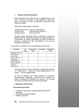 Ejemplo de Radio Esperanza

      Radio Esperanza tuvo como eje de su sistematización “¿Por
      qué se estanca el proceso?” y para identificar y reflexionar
      sobre sus causas se valió de diferentes instrumentos que
      facilitan el análisis.

      Preguntas que generaban la discusión:

      ¿Imataj kay proyecto? ¿Qué es este proyecto?
      ¿Imata ruwan?         ¿Qué hace este proyecto?
      ¿Imapaj ruwan?        ¿Para qué hace?

      En base a estas preguntas hubo una discusión en grupos de
      interés (técnicos, agricultores antiguos que tienen parcelas con
      conservación de suelos, agricultores que están iniciando el
      proceso y dirigentes de las comunidades en las que se
      implementa el proyecto).

Luego había una reflexión sobre las estrategias de promoción:

    Estrategias           Da          Empezamos a             Avanzamos           Ayudamos a
                         animo           hacer                                       otros
Programas de radio
Intercambio de
experiencias
Cursos/ talleres de
capacitación
Acompañamiento
técnico- agricultor
Parcelas
demostrativas

      Cada grupo llena el cuadro utilizando los siguientes símbolos:
      ++ = influye más; + = influye; R= influye regularmente; N = no
      influye; - = influye negativamente.

      Al final se realizaba una FODA (análisis de Fortalezas,
      Oportunidades, Debilidades, Amenazas) del proyecto por
      grupo, se analizan los resultados en conjunto y se formulan
      con todos los participantes las lecciones aprendidas.

        Ejemplo de ACLO Potosí

    Herramientas generales

        Cuadros de recolección y ordenamiento de información
        colectada;
        Entrevistas semi estructuradas;
        Talleres comunales;



      33      Sistematización de experiencias en proyectos de cooperación y desarrollo
 