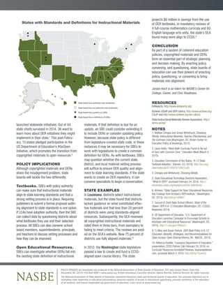 launched statewide initiatives. Out of 44
state chiefs surveyed in 2014, 36 want to
learn more about OER initiatives they might
implement in their state.7
This past Febru-
ary, 13 states pledged participation in the
US Department of Education’s #GoOpen
initiative, which promotes the transition from
copyrighted materials to open resources.8
POLICY IMPLICATIONS
Although copyrighted materials and OERs
share the misalignment problem, state
boards will tackle the two differently.
Textbooks. SBEs with policy authority
can make sure that instructional materials
align to state learning standards and that a
strong vetting process is in place. Requiring
publishers to submit a formal proposal outlin-
ing alignment to state standards is one option.
If LEAs have adoption authority, then the SBE
can collect data by questioning districts about
what textbooks they use and their selection
process. All SBEs can also convene school
board members, superintendents, principals,
and teachers to discuss vetting processes and
how they can be improved.
Open Educational Resources.
SBEs can investigate whether OERs fall into
the existing state deﬁnition of instructional
materials. If that deﬁnition is due for an
update, an SBE could consider extending it
to include OERs or consider updating policy.
However, because state policy is different
from legislature-created state code, in these
instances it may be necessary for SBEs to
work with legislatures to create a common
deﬁnition for OERs. As with textbooks, SBEs
may question whether the current state,
district, and local material vetting process
will sufﬁce to ensure OER quality and align-
ment to state learning standards. If the state
wants to create an OER repository, it can
convene specialists to begin a conversation.
STATE EXAMPLES
In Louisiana, districts select instructional
materials, but the state found that districts
lacked guidance on what constituted effec-
tive materials and that less than 20 percent
of districts were using standards-aligned
resources. Subsequently, the SEA reviewed
all copyrighted instructional materials and
rated them in three tiers, from exemplary to
failing to meet criteria. The reviews are post-
ed on the SEA’s website. Now 75 percent of
districts use fully aligned materials.10
In 2012, the Washington state legislature
passed a law to create and fund a CCSS-
aligned open course library. The state
projects $6 million in savings from the use
of OER textbooks. In mandatory reviews of
4 full-course mathematics curricula and 60
English language arts units, the state’s SEA
found many were align to CCSS.9
CONCLUSION
As part of a system of coherent education
policies, copyrighted materials and OERs
form an essential part of strategic planning
and decision making. By enacting policy,
convening, and questioning, state boards of
education can use their powers of enacting
policy, questioning, or convening to bring
materials into alignment.
Jordan Koch is an intern for NASBE’s Center for
College, Career, and Civic Readiness.
RESOURCES
EdReports, http://www.edreports.org/
Achieve, EQuIP and OER rubrics, http://www.achieve.org/
EQuIP and http://www.achieve.org/oer-rubrics
State Instructional Materials Review Association, http://
simra.us/wp/
NOTES
1. Mattew Chingos and Grover Whitehurst, Choosing
Blindly: Instructional Materials, Teacher Effectiveness, and
the Common Core (Washington, DC: Brown Center on
Education Policy at Brookings, 2012).
2. Liana Heitin, “Most Math Curricula Found to Be out
of Sync with Common Core,” Education Week (March 4,
2015).
3. Education Commission of the States, “K-12 State
Textbook Adoption,” (Denver, CO, 2013), http://ecs.org/
clearinghouse/01/09/23/10923.pdf.
4. Chingos and Whitehurst, Choosing Blindly.
5. State Educational Technology Directors Association,
“What Is OER?” accessed February 24, 2016, http://
oerstudies.setda.org/background/oer-deﬁnitions/.
6. Achieve, “State Support for Open Educational Resources:
Key Findings from Achieve’s OER Institute,” (Washington,
DC, 2013), http://bit.ly/1d4I8b7.
7. Council of Chief State School Ofﬁcers, State of the
States: OER in K-12 Education (Washington, DC: CCSSO,
November 2014).
8. US Department of Education, “U.S. Department of
Education Launches Campaign to Encourage Schools to
#GoOpen with Educational Resources” (Washington, DC,
2015), http://1.usa.gov/1KIVgm1.
9. TJ Bliss and Susan Patrick, OER State Policy in K-12
Education: Beneﬁts, Strategies, and Recommendations for
Open Access, Open Sharing (Vienna, VA: iNACOL, 2013).
10. Rebecca Kockler, “Louisiana Department of Education,”
presentation, CCSS Partner Call, February 24, 2016, on
Curricular Resources Annotated Reviews, lousianabelieves.
com, accessed March 2, 2016, http://bit.ly/1SuvoTU.
POLICY UPDATES are developed and produced at the National Association of State Boards of Education, 333 John Carlyle Street, Suite 530,
Alexandria, VA 22314 •703.684.4000 • www.nasbe.org. Kristen Amundson, Executive Director. Valerie Norville, Editorial Director. All rights reserved.
The National Association of State Boards of Education represents America’s state and territorial boards of education. Our principal objectives are to
strengthen state leadership in education policymaking, advocate equality of access to educational opportunity, promote excellence in the education
of all students, and ensure responsible lay governance of education. Learn more at www.nasbe.org.
NASBE
States with Standards and Deﬁnitions for Instructional Materials
State board has no authority over textbooks.
State board has authority over textbooks.
State board has a policy on OERs.
State board has a definition of OERs.
●
●
●
●
●
●
●
●
●
●
★
★
★
★
★
★
 