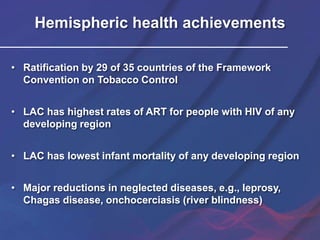 Hemispheric health achievements
• Ratification by 29 of 35 countries of the Framework
Convention on Tobacco Control
• LAC has highest rates of ART for people with HIV of any
developing region
• LAC has lowest infant mortality of any developing region
• Major reductions in neglected diseases, e.g., leprosy,
Chagas disease, onchocerciasis (river blindness)
 