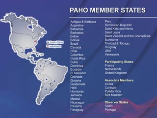 Antigua & Barbuda
Argentina
Bahamas
Barbados
Belize
Bolivia
Brazil
Canada
Chile
Colombia
Costa Rica
Cuba
Dominica
Ecuador
El Salvador
Grenada
Guyana
Guatemala
Haiti
Honduras
Jamaica
Mexico
Nicaragua
Panama
Paraguay
Peru
Dominican Republic
Saint Kitts and Nevis
Saint Lucia
Saint Vincent and the Grenadines
Suriname
Trinidad & Tobago
Uruguay
USA
Venezuela
Participating States
France
Netherlands
United Kingdom
Associate Members
Aruba
Curaçao
Puerto Rico
Sint Maarten
Observer States
Spain
Portugal
PAHO MEMBER STATES
 