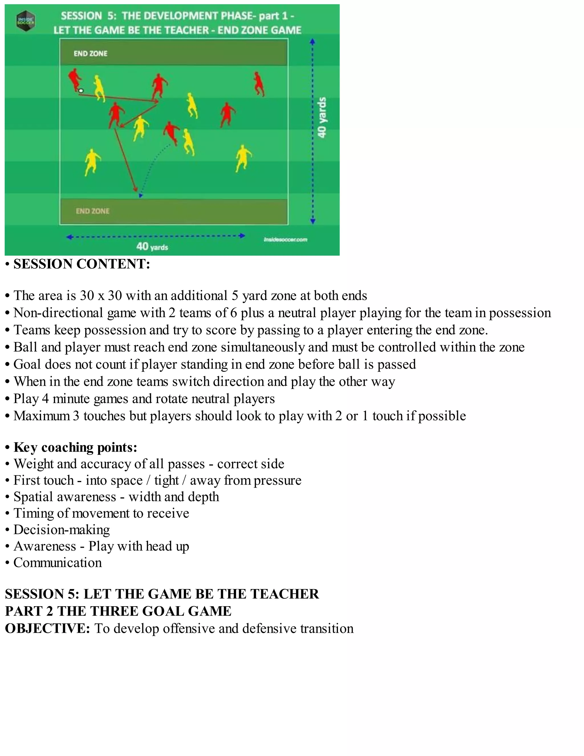 • SESSION CONTENT:
• The area is 30 x 30 with an additional 5 yard zone at both ends
• Non-directional game with 2 teams of 6 plus a neutral player playing for the team in possession
• Teams keep possession and try to score by passing to a player entering the end zone.
• Ball and player must reach end zone simultaneously and must be controlled within the zone
• Goal does not count if player standing in end zone before ball is passed
• When in the end zone teams switch direction and play the other way
• Play 4 minute games and rotate neutral players
• Maximum 3 touches but players should look to play with 2 or 1 touch if possible
• Key coaching points:
• Weight and accuracy of all passes - correct side
• First touch - into space / tight / away from pressure
• Spatial awareness - width and depth
• Timing of movement to receive
• Decision-making
• Awareness - Play with head up
• Communication
SESSION 5: LET THE GAME BE THE TEACHER
PART 2 THE THREE GOAL GAME
OBJECTIVE: To develop offensive and defensive transition

 