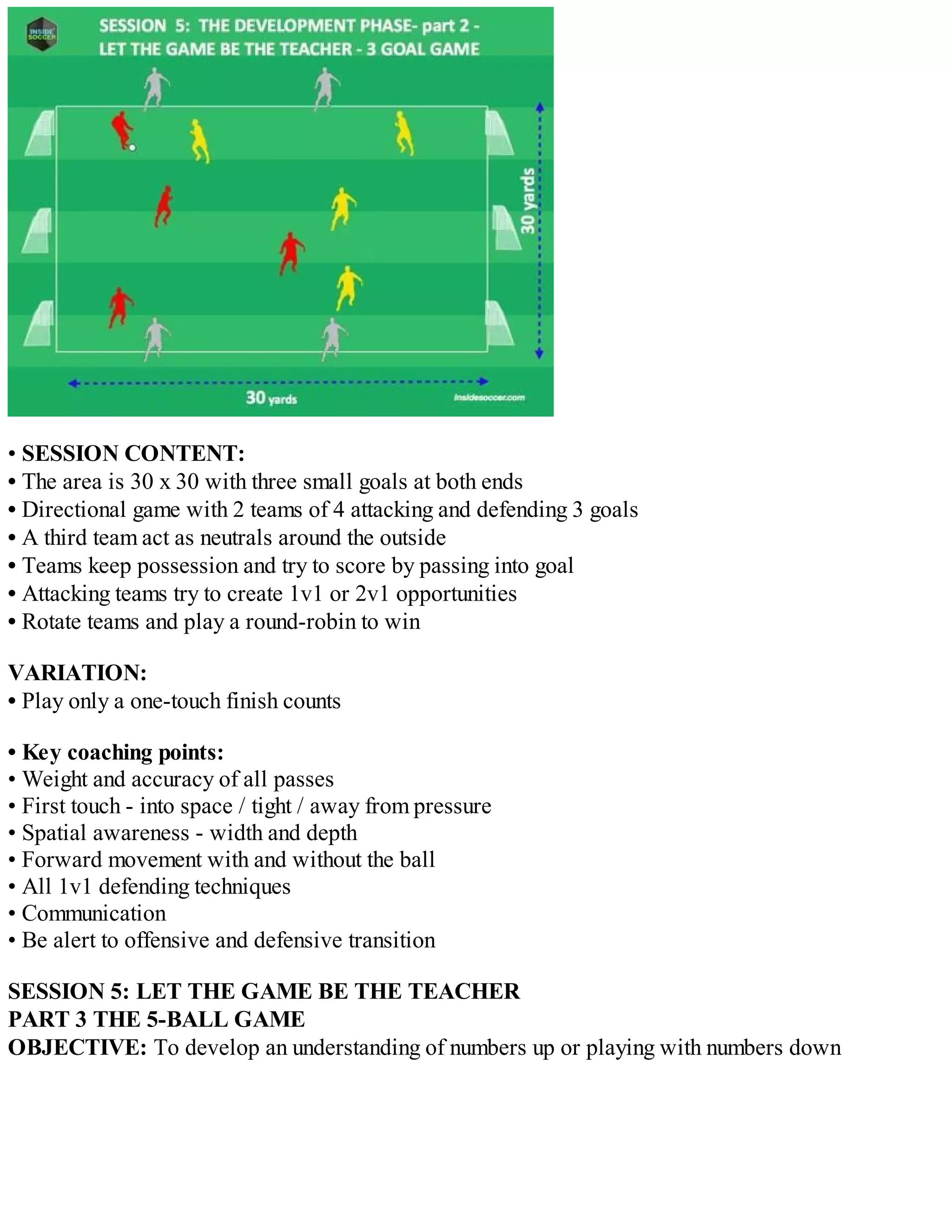 • SESSION CONTENT:
• The area is 30 x 30 with three small goals at both ends
• Directional game with 2 teams of 4 attacking and defending 3 goals
• A third team act as neutrals around the outside
• Teams keep possession and try to score by passing into goal
• Attacking teams try to create 1v1 or 2v1 opportunities
• Rotate teams and play a round-robin to win
VARIATION:
• Play only a one-touch finish counts
• Key coaching points:
• Weight and accuracy of all passes
• First touch - into space / tight / away from pressure
• Spatial awareness - width and depth
• Forward movement with and without the ball
• All 1v1 defending techniques
• Communication
• Be alert to offensive and defensive transition
SESSION 5: LET THE GAME BE THE TEACHER
PART 3 THE 5-BALL GAME
OBJECTIVE: To develop an understanding of numbers up or playing with numbers down

 