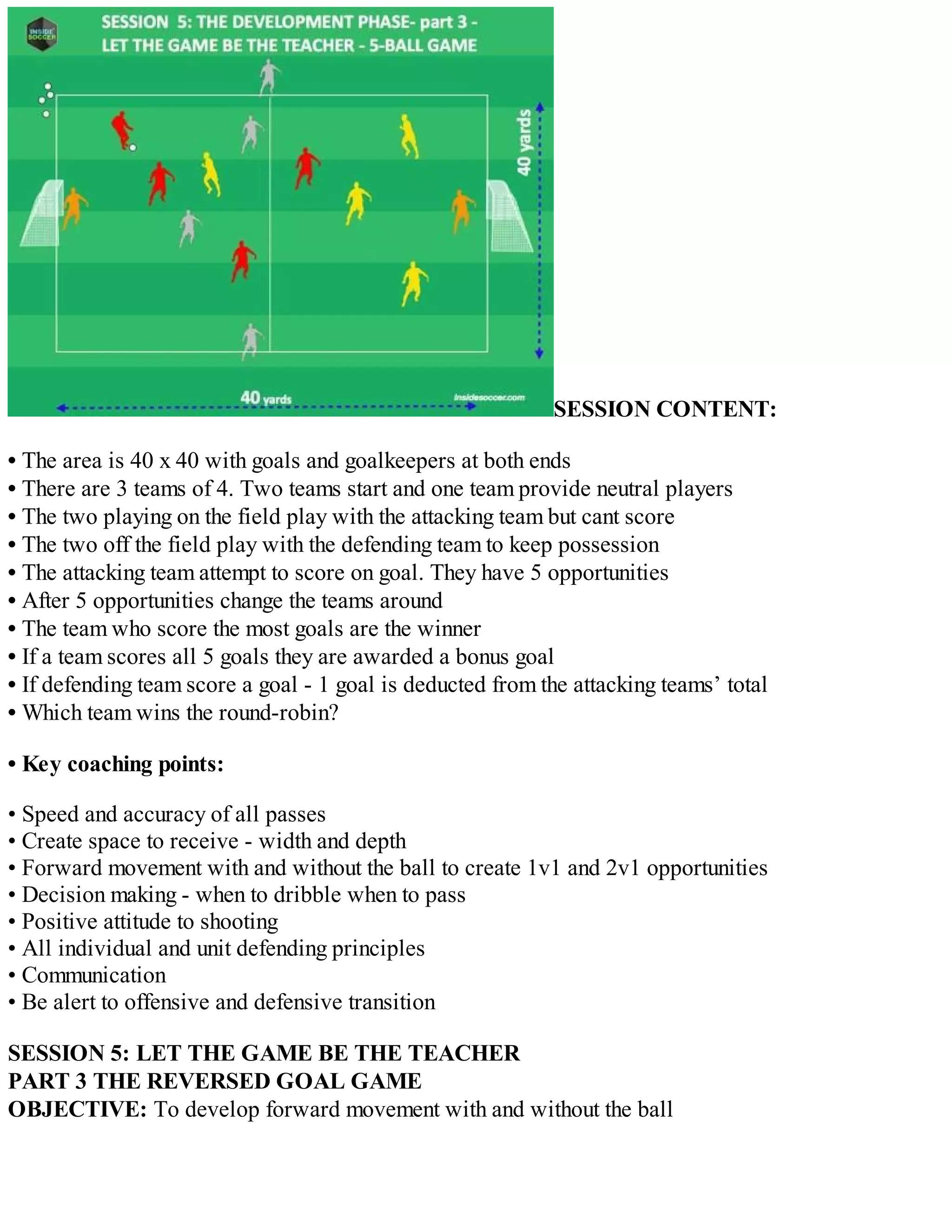 SESSION CONTENT:
• The area is 40 x 40 with goals and goalkeepers at both ends
• There are 3 teams of 4. Two teams start and one team provide neutral players
• The two playing on the field play with the attacking team but cant score
• The two off the field play with the defending team to keep possession
• The attacking team attempt to score on goal. They have 5 opportunities
• After 5 opportunities change the teams around
• The team who score the most goals are the winner
• If a team scores all 5 goals they are awarded a bonus goal
• If defending team score a goal - 1 goal is deducted from the attacking teams’ total
• Which team wins the round-robin?
• Key coaching points:
• Speed and accuracy of all passes
• Create space to receive - width and depth
• Forward movement with and without the ball to create 1v1 and 2v1 opportunities
• Decision making - when to dribble when to pass
• Positive attitude to shooting
• All individual and unit defending principles
• Communication
• Be alert to offensive and defensive transition
SESSION 5: LET THE GAME BE THE TEACHER
PART 3 THE REVERSED GOAL GAME
OBJECTIVE: To develop forward movement with and without the ball

 