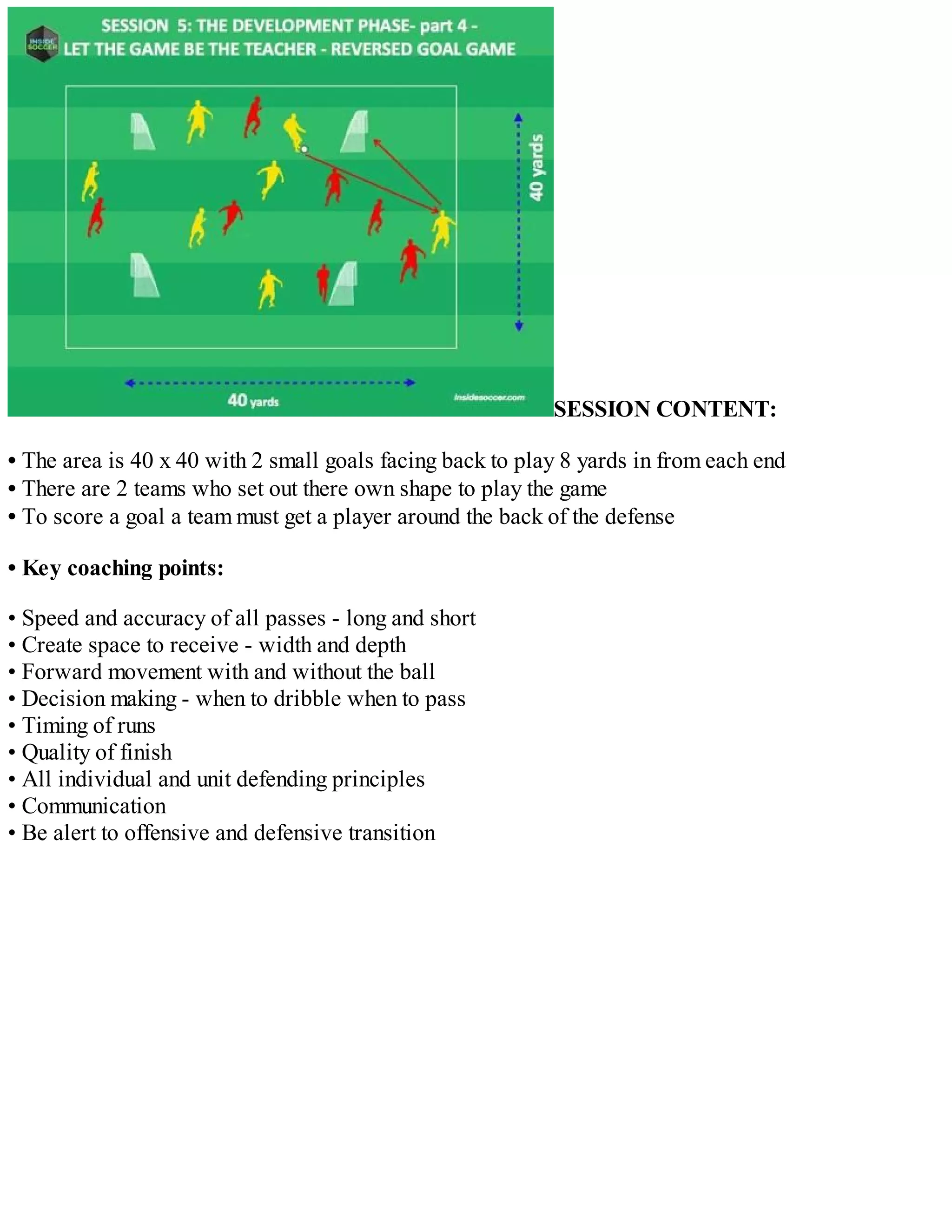 SESSION CONTENT:
• The area is 40 x 40 with 2 small goals facing back to play 8 yards in from each end
• There are 2 teams who set out there own shape to play the game
• To score a goal a team must get a player around the back of the defense
• Key coaching points:
• Speed and accuracy of all passes - long and short
• Create space to receive - width and depth
• Forward movement with and without the ball
• Decision making - when to dribble when to pass
• Timing of runs
• Quality of finish
• All individual and unit defending principles
• Communication
• Be alert to offensive and defensive transition

 