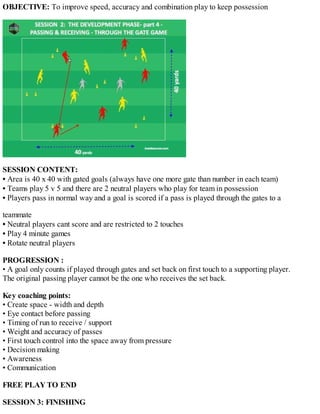 PART 1 THE HEADING GAME
OBJECTIVE: To improve technique of attacking heading in a fun game

• Area is 20 x 10 with a coned...