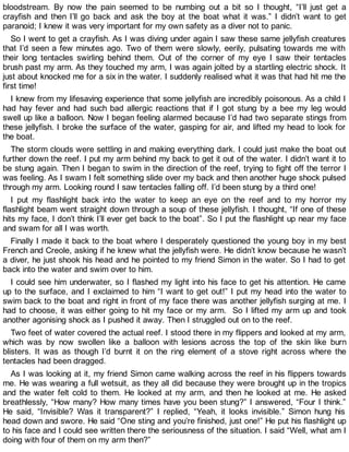 bloodstream. By now the pain seemed to be numbing out a bit so I thought, “I’ll just get a
crayfish and then I’ll go back and ask the boy at the boat what it was.” I didn’t want to get
paranoid; I knew it was very important for my own safety as a diver not to panic.
So I went to get a crayfish. As I was diving under again I saw these same jellyfish creatures
that I’d seen a few minutes ago. Two of them were slowly, eerily, pulsating towards me with
their long tentacles swirling behind them. Out of the corner of my eye I saw their tentacles
brush past my arm. As they touched my arm, I was again jolted by a startling electric shock. It
just about knocked me for a six in the water. I suddenly realised what it was that had hit me the
first time!
I knew from my lifesaving experience that some jellyfish are incredibly poisonous. As a child I
had hay fever and had such bad allergic reactions that if I got stung by a bee my leg would
swell up like a balloon. Now I began feeling alarmed because I’d had two separate stings from
these jellyfish. I broke the surface of the water, gasping for air, and lifted my head to look for
the boat.
The storm clouds were settling in and making everything dark. I could just make the boat out
further down the reef. I put my arm behind my back to get it out of the water. I didn’t want it to
be stung again. Then I began to swim in the direction of the reef, trying to fight off the terror I
was feeling. As I swam I felt something slide over my back and then another huge shock pulsed
through my arm. Looking round I saw tentacles falling off. I’d been stung by a third one!
I put my flashlight back into the water to keep an eye on the reef and to my horror my
flashlight beam went straight down through a soup of these jellyfish. I thought, “If one of these
hits my face, I don’t think I’ll ever get back to the boat”. So I put the flashlight up near my face
and swam for all I was worth.
Finally I made it back to the boat where I desperately questioned the young boy in my best
French and Creole, asking if he knew what the jellyfish were. He didn’t know because he wasn’t
a diver, he just shook his head and he pointed to my friend Simon in the water. So I had to get
back into the water and swim over to him.
I could see him underwater, so I flashed my light into his face to get his attention. He came
up to the surface, and I exclaimed to him “I want to get out!” I put my head into the water to
swim back to the boat and right in front of my face there was another jellyfish surging at me. I
had to choose, it was either going to hit my face or my arm. So I lifted my arm up and took
another agonising shock as I pushed it away. Then I struggled out on to the reef.
Two feet of water covered the actual reef. I stood there in my flippers and looked at my arm,
which was by now swollen like a balloon with lesions across the top of the skin like burn
blisters. It was as though I’d burnt it on the ring element of a stove right across where the
tentacles had been dragged.
As I was looking at it, my friend Simon came walking across the reef in his flippers towards
me. He was wearing a full wetsuit, as they all did because they were brought up in the tropics
and the water felt cold to them. He looked at my arm, and then he looked at me. He asked
breathlessly, “How many? How many times have you been stung?” I answered, “Four I think.”
He said, “Invisible? Was it transparent?” I replied, “Yeah, it looks invisible.” Simon hung his
head down and swore. He said “One sting and you’re finished, just one!” He put his flashlight up
to his face and I could see written there the seriousness of the situation. I said “Well, what am I
doing with four of them on my arm then?”
 