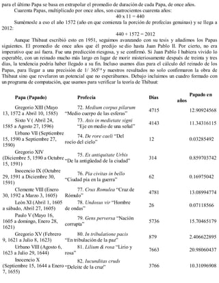 para el último Papa se basa en extrapolar el promedio de duración de cada Papa, de once años.
Cuarenta Papas, multiplicado por once años, son cuatrocientos cuarenta años:
40 x 11 = 440
Sumémosle a eso el año 1572 (año en que comienza la porción de profecías genuinas) y se llega a
2012:
440 + 1572 = 2012
Aunque Thibaut escribió esto en 1951, seguimos avanzando con su tesis y añadimos los Papas
siguientes. El promedio de once años que él predijo se dio hasta Juan Pablo II. Por cierto, no era
imperativo que así fuera. Fue una predicción riesgosa, y se confirmó. Si Juan Pablo I hubiera vivido lo
esperable, con un reinado mucho más largo en lugar de morir misteriosamente después de treinta y tres
días, la tendencia podría haber llegado a su fin. Incluso usamos días para el cálculo del reinado de los
Papas, para llegar a una precisión de 1/ 365t a y nuestros resultados no solo confirmaron la obra de
Thibaut sino que revelaron un potencial que no esperábamos. Debajo incluimos un cuadro formado con
un programa de computación, que usamos para verificar la teoría de Thibaut:
Papa (Papado) Profecía Días
Papado en
años
Gregorio XIII (Mayo
13, 1572 a Abril 10, 1585)
72. Medium corpus pilarum
“Medio cuerpo de las esferas”
4715 12.90924568
Sixto V ( Abril 24,
1585 a Agosto 27, 1596)
73. Axis in medietate signi
“Eje en medio de una señal”
4143 11.34316115
Urbano VII (Septiembre
15, 1590 a Septiembre 27,
1590)
74. De rore caeli “Del
rocío del cielo”
12 0.03285492
Gregorio XIV
(Diciembre 5, 1590 a Octubre
15, 1591)
75. Ex antiquitate Urbis
“De la antigüedad de la ciudad”
314 0.859703742
Inocencio IX (Octubre
29, 1591 a Diciembre 30,
1591)
76. Pia civitas in bello
“Ciudad pía en la guerra”
62 0.16975042
Clemente VIII (Enero
30, 1592 a Marzo 3, 1605)
77. Crux Romulea “Cruz de
Rómulo”
4781 13.08994774
León XI (Abril 1, 1605
a sábado, Abril 27, 1605)
78. Undosus vir “Hombre
de ondas”
26 0.07118566
Paulo V (Mayo 16,
1605 a domingo, Enero 28,
1621)
79. Gens perversa “Nación
corrupta”
5736 15.70465179
Gregorio XV (Febrero
9, 1621 a Julio 8, 1623)
80. In tribulatione pacis
“En tribulación de la paz”
879 2.406622895
Urbano VIII (Agosto 6,
1623 a Julio 29, 1644)
81. Lilium & rosa “Lirio y
rosa”
7663 20.98060437
Inocencio X
(Septiembre 15, 1644 a Enero
7, 1655)
82. Iucunditas cruds
“Deleite de la cruz” 3766 10.31096908
 
