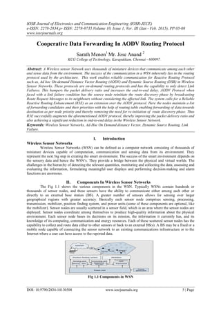 IOSR Journal of Electronics and Communication Engineering (IOSR-JECE)
e-ISSN: 2278-2834,p- ISSN: 2278-8735.Volume 10, Issue 1, Ver. III (Jan - Feb. 2015), PP 05-08
www.iosrjournals.org
DOI: 10.9790/2834-10130508 www.iosrjournals.org 5 | Page
Cooperative Data Forwarding In AODV Routing Protocol
Sarath Menon1
Mr. Jose Anand 2
KCG College of Technology, Karapakkam, Chennai - 600097.
Abstract: A Wireless sensor Network uses thousands of miniature devices that communicate among each other
and sense data from the environment. The success of the communication in a WSN inherently lies in the routing
protocol used by the architecture. This work enables reliable communication for Reactive Routing Protocol
such as, Ad hoc On-demand Distance Vector Routing (AODV) and Dynamic Source Routing (DSR) in Wireless
Sensor Networks. These protocols are on-demand routing protocols and has the capability to only detect Link
Failures. This hampers the packet delivery ratio and increases the end-to-end delay. AODV Protocol when
faced with a link failure condition has the source node reinitiate the route discovery phase by broadcasting
Route Request Messages to its neighbours without considering the affected link. The system calls for a Reliable
Reactive Routing Enhancement (R3E) as an extension over the AODV protocol. Here the nodes maintain a list
of forwarding candidates and their priorities with the help of routing table enabling forwarding of data towards
destination as per node priority and thereby removing the need for re-initiation of route discovery phase. Thus
R3E successfully augments the aforementioned AODV protocol, thereby improving the packet delivery ratio and
also achieving a significant reduction in end-to-end delay in the Wireless Sensor Network.
Keywords: Wireless Sensor Networks, Ad-Hoc On Demand distance Vector, Dynamic Source Routing, Link
Failure.
I. Introduction
Wireless Sensor Networks
Wireless Sensor Networks (WSN) can be defined as a computer network consisting of thousands of
miniature devices capable of computation, communication and sensing data from its environment. They
represent the next big step in creating the smart environment. The success of the smart environment depends on
the sensory data and hence the WSN’s. They provide a bridge between the physical and virtual worlds. The
challenges in the hierarchy of detecting the relevant quantities, monitoring and collecting the data, assessing and
evaluating the information, formulating meaningful user displays and performing decision-making and alarm
functions are enormous.
II. Components In Wireless Sensor Networks
The Fig 1.1 shows the various components in the WSN. Typically WSNs contain hundreds or
thousands of sensor nodes, and these sensors have the ability to communicate either among each other or
directly to an external base station (BS). A greater number of sensors allows for sensing over larger
geographical regions with greater accuracy. Basically each sensor node comprises sensing, processing,
transmission, mobilizer, position finding system, and power units (some of these components are optional, like
the mobilizer). Sensor nodes are usually scattered in a sensor field, which is an area where the sensor nodes are
deployed. Sensor nodes coordinate among themselves to produce high-quality information about the physical
environment. Each sensor node bases its decisions on its mission, the information it currently has, and its
knowledge of its computing, communication and energy resources. Each of these scattered sensor nodes has the
capability to collect and route data either to other sensors or back to an external BS(s). A BS may be a fixed or a
mobile node capable of connecting the sensor network to an existing communications infrastructure or to the
Internet where a user can have access to the reported data.
Fig 1.1 Components in WSN
 