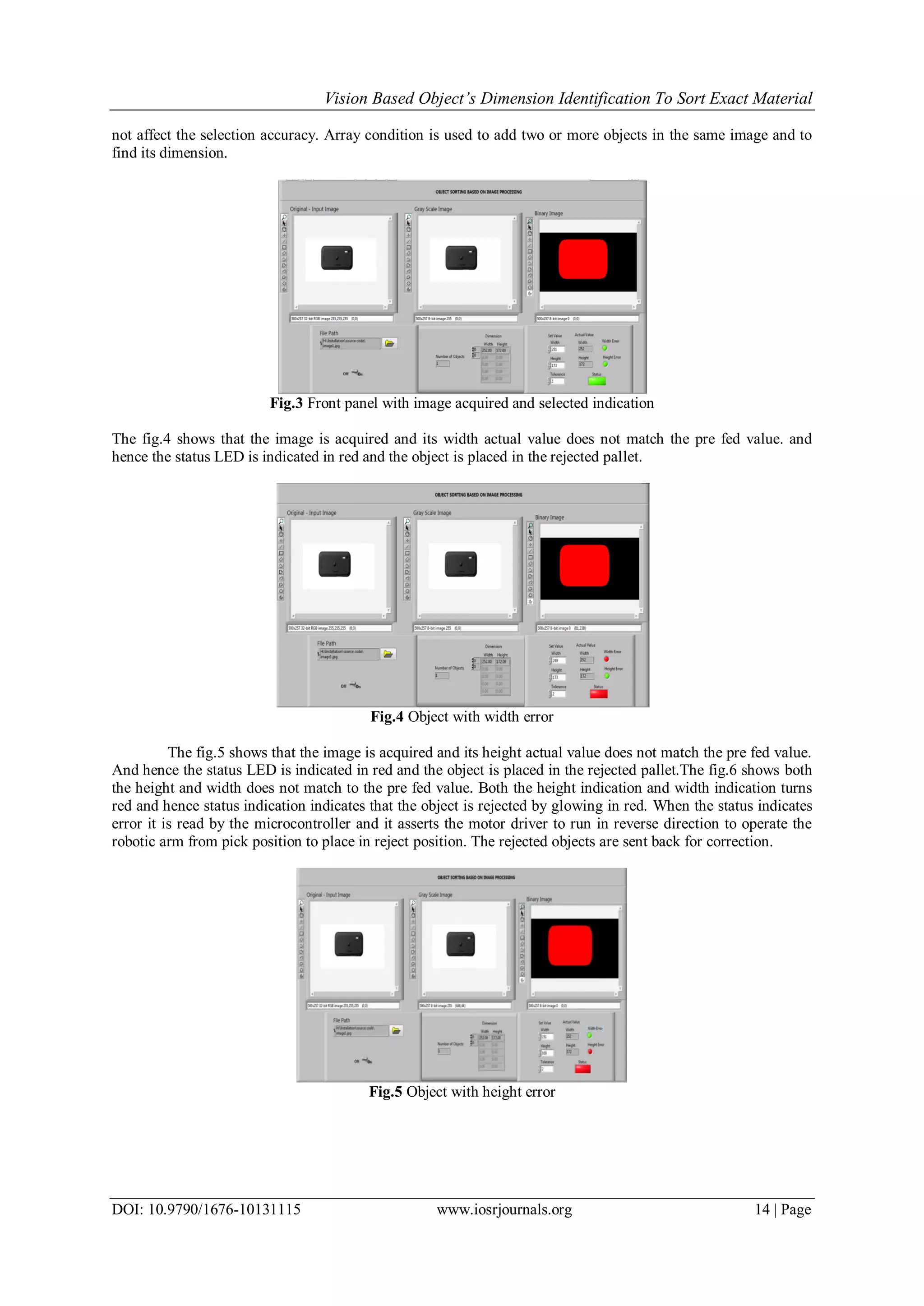 Vision Based Object’s Dimension Identification To Sort Exact Material DOI: 10.9790/1676-10131115 www.iosrjournals.org 14 | Page not affect the selection accuracy. Array condition is used to add two or more objects in the same image and to find its dimension. Fig.3 Front panel with image acquired and selected indication The fig.4 shows that the image is acquired and its width actual value does not match the pre fed value. and hence the status LED is indicated in red and the object is placed in the rejected pallet. Fig.4 Object with width error The fig.5 shows that the image is acquired and its height actual value does not match the pre fed value. And hence the status LED is indicated in red and the object is placed in the rejected pallet.The fig.6 shows both the height and width does not match to the pre fed value. Both the height indication and width indication turns red and hence status indication indicates that the object is rejected by glowing in red. When the status indicates error it is read by the microcontroller and it asserts the motor driver to run in reverse direction to operate the robotic arm from pick position to place in reject position. The rejected objects are sent back for correction. Fig.5 Object with height error 