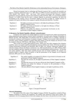 The Role of Non Market Capability Moderation in the relationship between Environment, Strategies,
www.iosrjournals.org 11 | Page
Internal environment (such as technology and financial resources) that is owned and controlled can
improve companies’ performance (Lee et al., 2001; Hill et al, 2004). In resource based point of view (Penrose,
1959; Rumelt, 1991; Barney, 1991; and Grant, 1991) internal environment that influences company
performance can be divided into resources and competencies (Man and Wafa, 2008). In a concentrated industry,
Bonardi et al. (2005) found that the more a company depends on government regulations, the better the
development of the company will be. Government support in the form of supply of suitable resources A
company will improve the ability of the company to operate efficiently and effectively. Therefore:
Hypothesis 1: The higher government involvement is, the higher the performance of Water
Supplier Companies will be.
Hypothesis 2 : The higher government involvement is, the higher the efficiency of Water
Supplier Companies will be.
Hypothesis 3 : Efficiency can mediate the influence of government involvement on the
performance of Water Supplier Companies.
2.2 Resources, Non Market Capability, efficiency, and performance
Companies will respond to any change happens in external environment (non market environment) by
taking proportional actions (passive reaction, positive anticipation, and public policy shaping) (Weidenbum in
Hillman and Hitt, 1999; Baron,2003). Environment factor has an important role in a company, especially in
choosing the orientation and formulation of company strategies. Changes of environment, either externally or
internally, require company capability to quickly adapt tothe changes so that the company can still survive and
be competitive (Penrose, 1959; Porter, 1980; Barney, 1991; Peteraf, 1993).
These actions are usually called political actions, which occur only when companies have diynamic
capability, such as non market capability developed by resources (Holburn and Zelner, 2010) that can improve
company performance (Thompson and Strickland, 2003). In RBV view, dynamic organisation capability will
make the company efficient and effective (Ambrosini et al., 2009; Easterby-Smith et al., 2009). William (2005)
says that companies that have imperfect environment, such as disadvantageous political pressure, will develop
non market capability, rather than market capability because with non market capability, the company can
minimize threats or negative effects of policies so that the performance of the company can be improved
(Schwark, 2009), and vice versa. Therefore:
Hypothesis 4 : Non market capability can moderate the influence of government involvement on the
performance of Water Supplier Companies.
Hypothesis 5 : The better the resources are, the higher the performance of Water Supplier Companies
will be.
Hypothesis 6 : The better the resources are, the more efficient the Water Supplier Companies will be.
Hypothesis 7 : Efficiency can mediate the influence of resources on the performance of Water
Supplier Companies.
Hypothesis 8 : The more efficient a Water Supplier Company is, the higher its performace will be.
Figure 1: Conceptual Framework
Research Methodology
The analysis unit of this study is Water Supplier Company (PDAM). The population included all Water
Supplier Companies in Sulawesi (60 companies). The samples were selected by using census method. The
respondents were the managing directors from each company who have been in the position for at least 2 years.
Government
involvement(
X1)
Resources
(X2)
Efficiency
(Y1)
Performance
(Y2)
Non Market
Capability
(M)
 