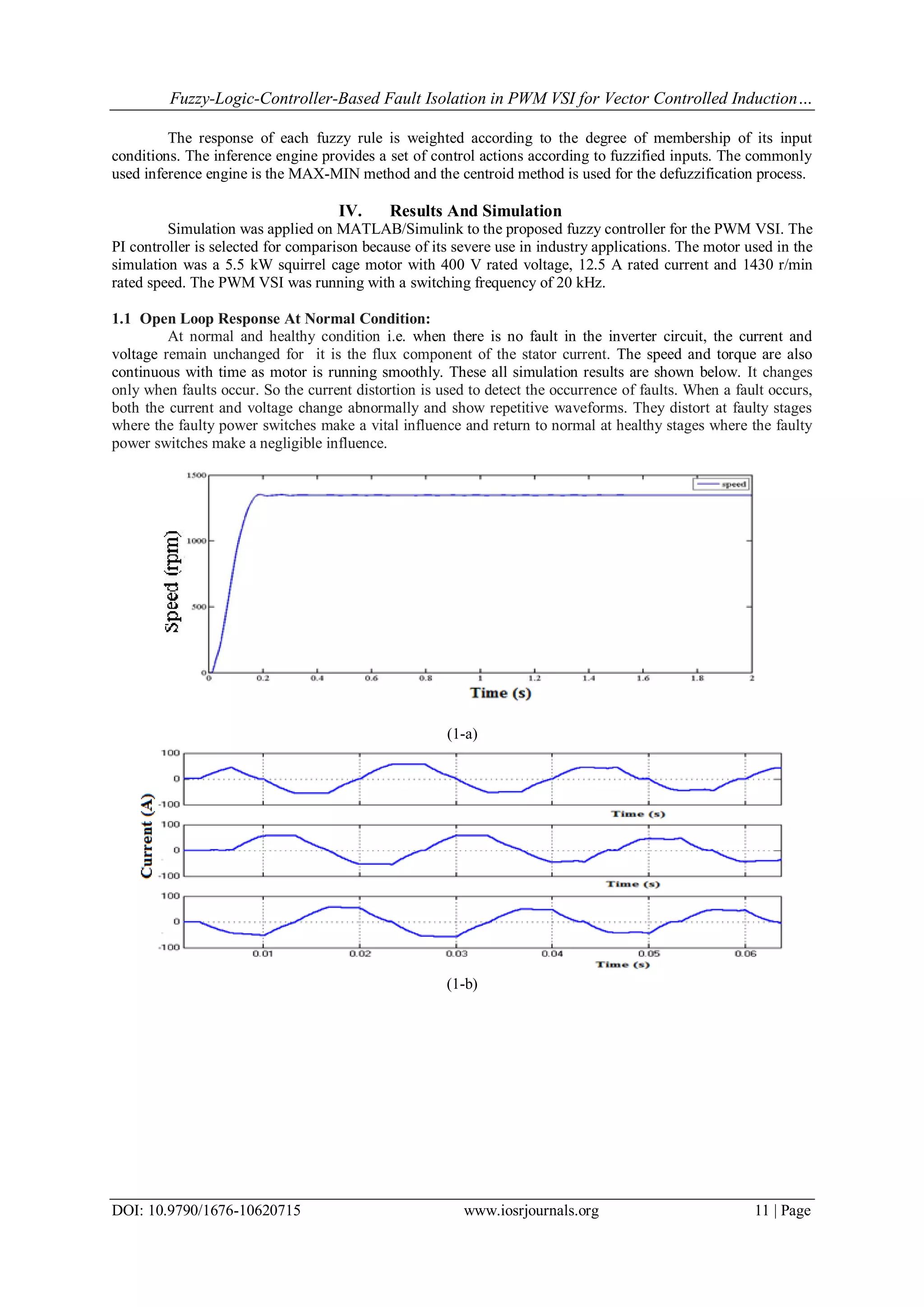 Fuzzy-Logic-Controller-Based Fault Isolation in PWM VSI for Vector Controlled Induction… DOI: 10.9790/1676-10620715 www.iosrjournals.org 11 | Page The response of each fuzzy rule is weighted according to the degree of membership of its input conditions. The inference engine provides a set of control actions according to fuzzified inputs. The commonly used inference engine is the MAX-MIN method and the centroid method is used for the defuzzification process. IV. Results And Simulation Simulation was applied on MATLAB/Simulink to the proposed fuzzy controller for the PWM VSI. The PI controller is selected for comparison because of its severe use in industry applications. The motor used in the simulation was a 5.5 kW squirrel cage motor with 400 V rated voltage, 12.5 A rated current and 1430 r/min rated speed. The PWM VSI was running with a switching frequency of 20 kHz. 1.1 Open Loop Response At Normal Condition: At normal and healthy condition i.e. when there is no fault in the inverter circuit, the current and voltage remain unchanged for it is the flux component of the stator current. The speed and torque are also continuous with time as motor is running smoothly. These all simulation results are shown below. It changes only when faults occur. So the current distortion is used to detect the occurrence of faults. When a fault occurs, both the current and voltage change abnormally and show repetitive waveforms. They distort at faulty stages where the faulty power switches make a vital influence and return to normal at healthy stages where the faulty power switches make a negligible influence. (1-a) (1-b) 