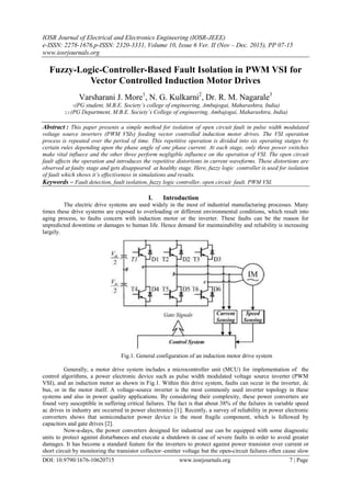 IOSR Journal of Electrical and Electronics Engineering (IOSR-JEEE)
e-ISSN: 2278-1676,p-ISSN: 2320-3331, Volume 10, Issue 6 Ver. II (Nov – Dec. 2015), PP 07-15
www.iosrjournals.org
DOI: 10.9790/1676-10620715 www.iosrjournals.org 7 | Page
Fuzzy-Logic-Controller-Based Fault Isolation in PWM VSI for
Vector Controlled Induction Motor Drives
Varsharani J. More1
, N. G. Kulkarni2
, Dr. R. M. Nagarale3
1(PG student, M.B.E. Society’s college of engineering, Ambajogai, Maharashtra, India)
2,3 (PG Department, M.B.E. Society’s College of engineering, Ambajogai, Maharashtra, India)
Abstract : This paper presents a simple method for isolation of open circuit fault in pulse width modulated
voltage source inverters (PWM VSIs) feeding vector controlled induction motor drives. The VSI operation
process is repeated over the period of time. This repetitive operation is divided into six operating statges by
certain rules depending upon the phase angle of one phase current. At each stage, only three power switches
make vital influece and the other three perform negligible influence on the operation of VSI. The open circuit
fault affects the operation and introduces the repetitive distortions in current waveforms. These distortions are
observed at faulty stage and gets disappeared at healthy stage. Here, fuzzy logic controller is used for isolation
of fault which shows it’s effectiveness in simulations and results.
Keywords – Fault detection, fault isolation, fuzzy logic controller, open circuit fault. PWM VSI.
I. Introduction
The electric drive systems are used widely in the most of industrial manufacturing processes. Many
times these drive systems are exposed to overloading or different environmental conditions, which result into
aging process, to faults concern with induction motor or the inverter. These faults can be the reason for
unpredicted downtime or damages to human life. Hence demand for maintainability and reliability is increasing
largely.
Fig.1. General configuration of an induction motor drive system
Generally, a motor drive system includes a microcontroller unit (MCU) for implementation of the
control algorithms, a power electronic device such as pulse width modulated voltage source inverter (PWM
VSI), and an induction motor as shown in Fig.1. Within this drive system, faults can occur in the inverter, dc
bus, or in the motor itself. A voltage-source inverter is the most commonly used inverter topology in these
systems and also in power quality applications. By considering their complexity, these power converters are
found very susceptible in suffering critical failures. The fact is that about 38% of the failures in variable speed
ac drives in industry are occurred in power electronics [1]. Recently, a survey of reliability in power electronic
converters shows that semiconductor power device is the most fragile component, which is followed by
capacitors and gate drives [2].
Now-a-days, the power converters designed for industrial use can be equipped with some diagnostic
units to protect against disturbances and execute a shutdown in case of severe faults in order to avoid greater
damages. It has become a standard feature for the inverters to protect against power transistor over current or
short circuit by monitoring the transistor collector–emitter voltage but the open-circuit failures often cause slow
 