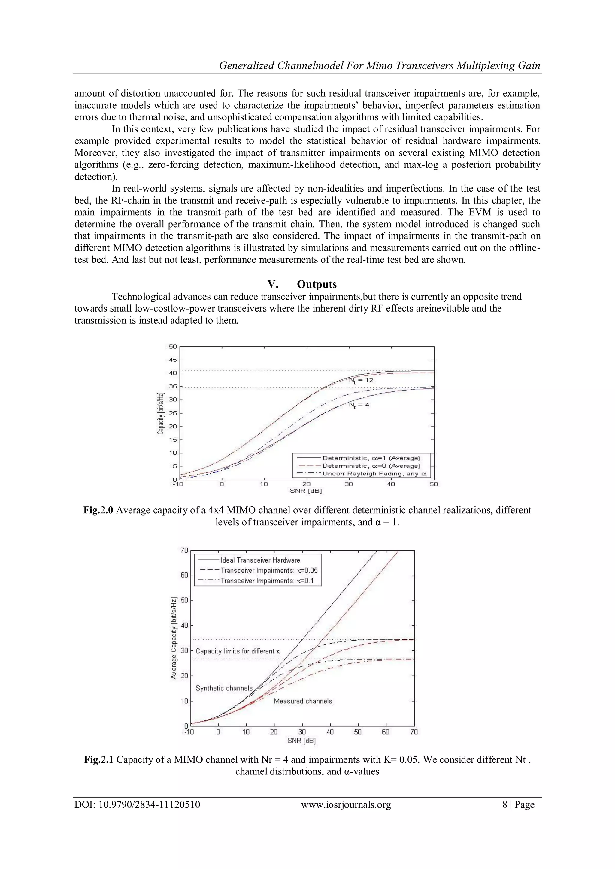 Generalized Channelmodel For Mimo Transceivers Multiplexing Gain
DOI: 10.9790/2834-11120510 www.iosrjournals.org 8 | Page
amount of distortion unaccounted for. The reasons for such residual transceiver impairments are, for example,
inaccurate models which are used to characterize the impairments’ behavior, imperfect parameters estimation
errors due to thermal noise, and unsophisticated compensation algorithms with limited capabilities.
In this context, very few publications have studied the impact of residual transceiver impairments. For
example provided experimental results to model the statistical behavior of residual hardware impairments.
Moreover, they also investigated the impact of transmitter impairments on several existing MIMO detection
algorithms (e.g., zero-forcing detection, maximum-likelihood detection, and max-log a posteriori probability
detection).
In real-world systems, signals are affected by non-idealities and imperfections. In the case of the test
bed, the RF-chain in the transmit and receive-path is especially vulnerable to impairments. In this chapter, the
main impairments in the transmit-path of the test bed are identified and measured. The EVM is used to
determine the overall performance of the transmit chain. Then, the system model introduced is changed such
that impairments in the transmit-path are also considered. The impact of impairments in the transmit-path on
different MIMO detection algorithms is illustrated by simulations and measurements carried out on the offline-
test bed. And last but not least, performance measurements of the real-time test bed are shown.
V. Outputs
Technological advances can reduce transceiver impairments,but there is currently an opposite trend
towards small low-costlow-power transceivers where the inherent dirty RF effects areinevitable and the
transmission is instead adapted to them.
Fig.2.0 Average capacity of a 4x4 MIMO channel over different deterministic channel realizations, different
levels of transceiver impairments, and α = 1.
Fig.2.1 Capacity of a MIMO channel with Nr = 4 and impairments with K= 0.05. We consider different Nt ,
channel distributions, and α-values
 