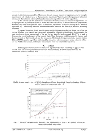 Generalized Channelmodel For Mimo Transceivers Multiplexing Gain
DOI: 10.9790/2834-11120510 www.iosrjournals.org 8 | Page
amount of distortion unaccounted for. The reasons for such residual transceiver impairments are, for example,
inaccurate models which are used to characterize the impairments’ behavior, imperfect parameters estimation
errors due to thermal noise, and unsophisticated compensation algorithms with limited capabilities.
In this context, very few publications have studied the impact of residual transceiver impairments. For
example provided experimental results to model the statistical behavior of residual hardware impairments.
Moreover, they also investigated the impact of transmitter impairments on several existing MIMO detection
algorithms (e.g., zero-forcing detection, maximum-likelihood detection, and max-log a posteriori probability
detection).
In real-world systems, signals are affected by non-idealities and imperfections. In the case of the test
bed, the RF-chain in the transmit and receive-path is especially vulnerable to impairments. In this chapter, the
main impairments in the transmit-path of the test bed are identified and measured. The EVM is used to
determine the overall performance of the transmit chain. Then, the system model introduced is changed such
that impairments in the transmit-path are also considered. The impact of impairments in the transmit-path on
different MIMO detection algorithms is illustrated by simulations and measurements carried out on the offline-
test bed. And last but not least, performance measurements of the real-time test bed are shown.
V. Outputs
Technological advances can reduce transceiver impairments,but there is currently an opposite trend
towards small low-costlow-power transceivers where the inherent dirty RF effects areinevitable and the
transmission is instead adapted to them.
Fig.2.0 Average capacity of a 4x4 MIMO channel over different deterministic channel realizations, different
levels of transceiver impairments, and α = 1.
Fig.2.1 Capacity of a MIMO channel with Nr = 4 and impairments with K= 0.05. We consider different Nt ,
channel distributions, and α-values
 