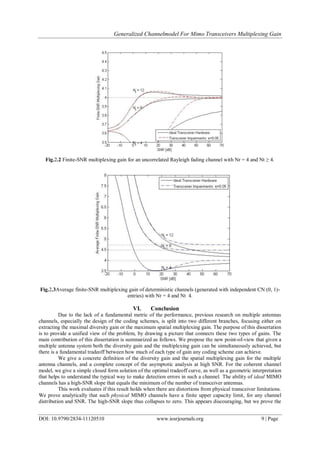 Generalized Channelmodel For Mimo Transceivers Multiplexing Gain
DOI: 10.9790/2834-11120510 www.iosrjournals.org 9 | Page
Fig.2.2 Finite-SNR multiplexing gain for an uncorrelated Rayleigh fading channel with Nr = 4 and Nt ≥ 4.
Fig.2.3Average finite-SNR multiplexing gain of deterministic channels (generated with independent CN (0, 1)-
entries) with Nr = 4 and Nt 4.
VI. Conclusion
Due to the lack of a fundamental metric of the performance, previous research on multiple antennas
channels, especially the design of the coding schemes, is split into two different branches, focusing either on
extracting the maximal diversity gain or the maximum spatial multiplexing gain. The purpose of this dissertation
is to provide a unified view of the problem, by drawing a picture that connects these two types of gains. The
main contribution of this dissertation is summarized as follows. We propose the new point-of-view that given a
multiple antenna system both the diversity gain and the multiplexing gain can be simultaneously achieved, but
there is a fundamental tradeoff between how much of each type of gain any coding scheme can achieve.
We give a concrete definition of the diversity gain and the spatial multiplexing gain for the multiple
antenna channels, and a complete concept of the asymptotic analysis at high SNR. For the coherent channel
model, we give a simple closed form solution of the optimal tradeoff curve, as well as a geometric interpretation
that helps to understand the typical way to make detection errors in such a channel. The ability of ideal MIMO
channels has a high-SNR slope that equals the minimum of the number of transceiver antennas.
This work evaluates if this result holds when there are distortions from physical transceiver limitations.
We prove analytically that such physical MIMO channels have a finite upper capacity limit, for any channel
distribution and SNR. The high-SNR slope thus collapses to zero. This appears discouraging, but we prove the
 