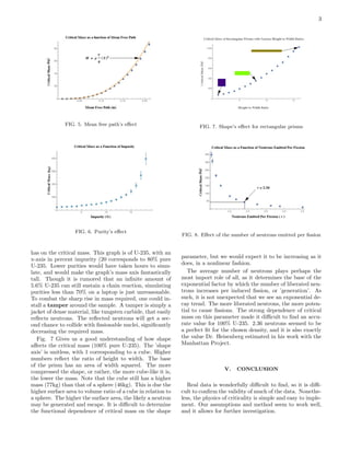 3
FIG. 5. Mean free path’s eﬀect
FIG. 6. Purity’s eﬀect
has on the critical mass. This graph is of U-235, with an
x-axis in percent impurity (20 corresponds to 80% pure
U-235. Lower purities would have taken hours to simu-
late, and would make the graph’s mass axis fantastically
tall. Though it is rumored that an inﬁnite amount of
5.6% U-235 can still sustain a chain reaction, simulating
purities less than 70% on a laptop is just unreasonable.
To combat the sharp rise in mass required, one could in-
stall a tamper around the sample. A tamper is simply a
jacket of dense material, like tungsten carbide, that easily
reﬂects neutrons. The reﬂected neutrons will get a sec-
ond chance to collide with ﬁssionable nuclei, signiﬁcantly
decreasing the required mass.
Fig. 7 Gives us a good understanding of how shape
aﬀects the critical mass (100% pure U-235). The ’shape
axis’ is unitless, with 1 corresponding to a cube. Higher
numbers reﬂect the ratio of height to width. The base
of the prism has an area of width squared. The more
compressed the shape, or rather, the more cube-like it is,
the lower the mass. Note that the cube still has a higher
mass (77kg) than that of a sphere (46kg). This is due the
higher surface area to volume ratio of a cube in relation to
a sphere. The higher the surface area, the likely a neutron
may be generated and escape. It is diﬃcult to determine
the functional dependence of critical mass on the shape
FIG. 7. Shape’s eﬀect for rectangular prisms
FIG. 8. Eﬀect of the number of neutrons emitted per ﬁssion
parameter, but we would expect it to be increasing as it
does, in a nonlinear fashion.
The average number of neutrons plays perhaps the
most import role of all, as it determines the base of the
exponential factor by which the number of liberated neu-
trons increases per induced ﬁssion, or ’generation’. As
such, it is not unexpected that we see an exponential de-
cay trend. The more liberated neutrons, the more poten-
tial to cause ﬁssions. The strong dependence of critical
mass on this parameter made it diﬃcult to ﬁnd an accu-
rate value for 100% U-235. 2.36 neutrons seemed to be
a perfect ﬁt for the chosen density, and it is also exactly
the value Dr. Heisenberg estimated in his work with the
Manhattan Project.
V. CONCLUSION
Real data is wonderfully diﬃcult to ﬁnd, so it is diﬃ-
cult to conﬁrm the validity of much of the data. Nonethe-
less, the physics of criticality is simple and easy to imple-
ment. Our assumptions and method seem to work well,
and it allows for further investigation.
 