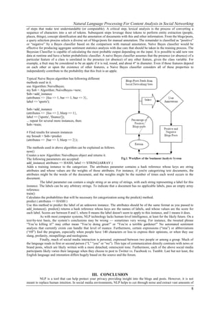 Natural Language Processing For Content Analysis in Social Networking
of steps that make text understandable (or computable). A critical step, lexical analysis is the process of converting a
sequence of characters into a set of tokens. Subsequent steps leverage these tokens to perform entity extraction (people,
places, things), concept identification and the annotation of documents with this and other information. From the blogs/posts,
a query selection process selects a diverse set of blogs/posts for manual annotation. The remainder is classified as ―positive‖
or ―negative‖ by a Bayes classifier based on the comparison with manual annotation. Naïve Bayes classifier would be
effective for producing aggregate sentiment statistics analysis with due care that should be taken in the training process. The
Bayesian Classifier is capable of calculating the most probable output depending on the input. It is possible to add new raw
data at runtime and have a better probabilistic classifier. A naive Bayes classifier assumes that the presence (or absence) of a
particular feature of a class is unrelated to the presence (or absence) of any other feature, given the class variable. For
example, a fruit may be considered to be an apple if it is red, round, and about 4" in diameter. Even if these features depend
on each other or upon the existence of other features, a Naive Bayes classifier considers all of these properties to
independently contribute to the probability that this fruit is an apple.

Typical Naive Bayes algorithm has following different
methods used in it.
use Algorithm::NaiveBayes;
my $nb = Algorithm::NaiveBayes->new;
$nb->add_instance
(attributes => {foo => 1, bar => 1, baz => 3},
label => 'sports');

$nb->add_instance
(attributes => {foo => 2, blurp => 1},
label => ['sports', 'finance']);
... repeat for several more instances, then:
$nb->train;

# Find results for unseen instances
my $result = $nb->predict
(attributes => {bar => 3, blurp => 2});

The methods used in above algorithm can be explained as follows.
new()
Creates a new Algorithm::NaiveBayes object and returns it.
The following parameters are accepted:
add_instance( attributes => HASH, label => STRING|ARRAY )
Adds a training instance to the categorizer. The attributes parameter contains a hash reference whose keys are string
attributes and whose values are the weights of those attributes. For instance, if you're categorizing text documents, the
attributes might be the words of the document, and the weights might be the number of times each word occurs in the
document.
           The label parameter can contain a single string or an array of strings, with each string representing a label for this
instance. The labels can be any arbitrary strings. To indicate that a document has no applicable labels, pass an empty array
reference.
train()
Calculates the probabilities that will be necessary for categorization using the predict() method.
predict ( attributes => HASH )
Use this method to predict the label of an unknown instance. The attributes should be of the same format as you passed to
add_instance(). predict() returns a hash reference whose keys are the names of labels, and whose values are the score for
each label. Scores are between 0 and 1, where 0 means the label doesn't seem to apply to this instance, and 1 means it does.
           As with most computer systems, NLP technology lacks human-level intelligence, at least for the likely future. On a
text-by-text basis, the system’s conclusions may be wrong — sometimes very wrong. For instance, the tweeted phrase
―You’re killing it!‖ may either mean ―You’re doing great!‖ or ―You’re a terrible gardener!‖ No automated sentiment
analysis that currently exists can handle that level of nuance. Furthermore, certain expressions (―ima‖) or abbreviations
(―#ff‖) fool the program, especially when people have 140 characters or less to express their opinions, or when they use
slang, profanity, misspellings and neologisms.
           Finally, much of social media interaction is personal, expressed between two people or among a group. Much of
the language reads in first or second person (―I,‖ ―you‖ or ―we‖). This type of communication directly contrasts with news or
brand posts, which are likely written with a more detached, omniscient tone. Furthermore, each of the above social media
participants likely varies their language when they choose to post to Twitter vs. Facebook vs. Tumblr. Last but not least, the
English language and intonation differs hugely based on the source and the forum.




                                                  III. CONCLUSION
          NLP is a tool that can help protect your privacy providing insight into the blogs and posts. However, it is not
meant to replace human intuition. In social media environments, NLP helps to cut through noise and extract vast amounts of
                                                                                                                               8
 