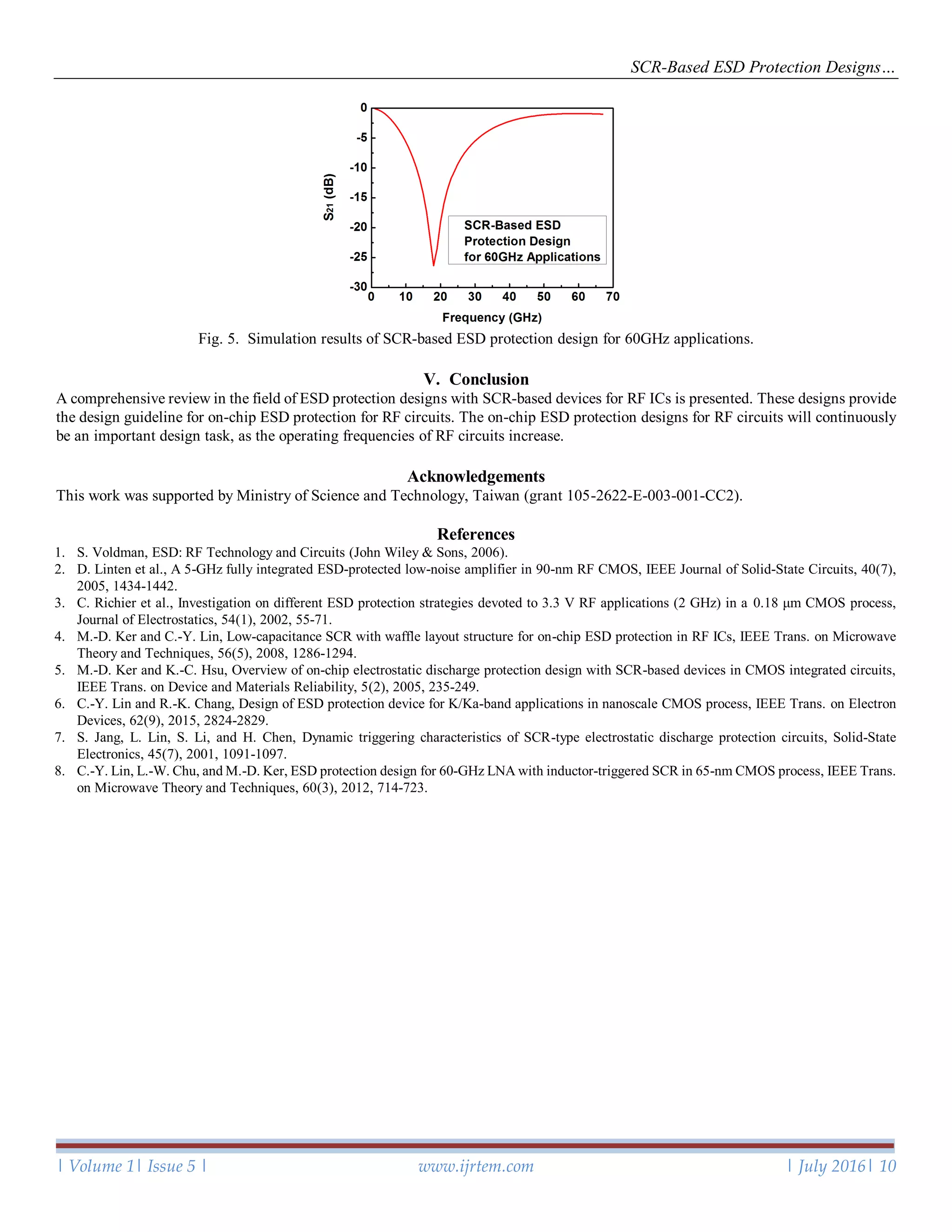 SCR-Based ESD Protection Designs…
| Volume 1| Issue 5 | www.ijrtem.com | July 2016| 10
Fig. 5. Simulation results of SCR-based ESD protection design for 60GHz applications.
V. Conclusion
A comprehensive review in the field of ESD protection designs with SCR-based devices for RF ICs is presented. These designs provide
the design guideline for on-chip ESD protection for RF circuits. The on-chip ESD protection designs for RF circuits will continuously
be an important design task, as the operating frequencies of RF circuits increase.
Acknowledgements
This work was supported by Ministry of Science and Technology, Taiwan (grant 105-2622-E-003-001-CC2).
References
1. S. Voldman, ESD: RF Technology and Circuits (John Wiley & Sons, 2006).
2. D. Linten et al., A 5-GHz fully integrated ESD-protected low-noise amplifier in 90-nm RF CMOS, IEEE Journal of Solid-State Circuits, 40(7),
2005, 1434-1442.
3. C. Richier et al., Investigation on different ESD protection strategies devoted to 3.3 V RF applications (2 GHz) in a 0.18 μm CMOS process,
Journal of Electrostatics, 54(1), 2002, 55-71.
4. M.-D. Ker and C.-Y. Lin, Low-capacitance SCR with waffle layout structure for on-chip ESD protection in RF ICs, IEEE Trans. on Microwave
Theory and Techniques, 56(5), 2008, 1286-1294.
5. M.-D. Ker and K.-C. Hsu, Overview of on-chip electrostatic discharge protection design with SCR-based devices in CMOS integrated circuits,
IEEE Trans. on Device and Materials Reliability, 5(2), 2005, 235-249.
6. C.-Y. Lin and R.-K. Chang, Design of ESD protection device for K/Ka-band applications in nanoscale CMOS process, IEEE Trans. on Electron
Devices, 62(9), 2015, 2824-2829.
7. S. Jang, L. Lin, S. Li, and H. Chen, Dynamic triggering characteristics of SCR-type electrostatic discharge protection circuits, Solid-State
Electronics, 45(7), 2001, 1091-1097.
8. C.-Y. Lin, L.-W. Chu, and M.-D. Ker, ESD protection design for 60-GHz LNA with inductor-triggered SCR in 65-nm CMOS process, IEEE Trans.
on Microwave Theory and Techniques, 60(3), 2012, 714-723.
 