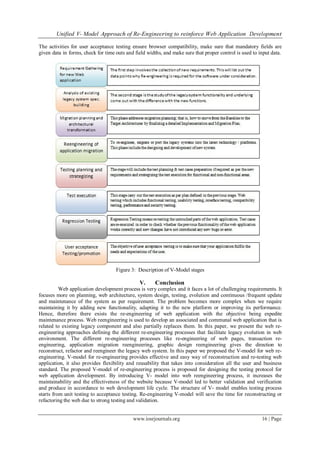 Unified V- Model Approach of Re-Engineering to reinforce Web Application Development
www.iosrjournals.org 16 | Page
The activities for user acceptance testing ensure browser compatibility, make sure that mandatory fields are
given data in forms, check for time outs and field widths, and make sure that proper control is used to input data.
Figure 3: Description of V-Model stages
V. Conclusion
Web application development process is very complex and it faces a lot of challenging requirements. It
focuses more on planning, web architecture, system design, testing, evolution and continuous /frequent update
and maintenance of the system as per requirement. The problem becomes more complex when we require
maintaining it by adding new functionality, adapting it to the new platform or improving its performance.
Hence, therefore there exists the re-engineering of web application with the objective being expedite
maintenance process. Web reengineering is used to develop an associated and communal web application that is
related to existing legacy component and also partially replaces them. In this paper, we present the web re-
engineering approaches defining the different re-engineering processes that facilitate legacy evolution in web
environment. The different re-engineering processes like re-engineering of web pages, transaction re-
engineering, application migration reengineering, graphic design reengineering gives the direction to
reconstruct, refactor and reengineer the legacy web system. In this paper we proposed the V-model for web re-
engineering. V-model for re-engineering provides effective and easy way of reconstruction and re-testing web
application, it also provides flexibility and reusability that takes into consideration all the user and business
standard. The proposed V-model of re-engineering process is proposed for designing the testing protocol for
web application development. By introducing V- model into web reengineering process, it increases the
maintainability and the effectiveness of the website because V-model led to better validation and verification
and produce in accordance to web development life cycle. The structure of V- model enables testing process
starts from unit testing to acceptance testing. Re-engineering V-model will save the time for reconstructing or
refactoring the web due to strong testing and validation.
 