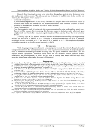 Detecting Good Neighbor Nodes and Finding Reliable Routing Path Based on AODV Protocol
www.iosrjournals.org 19 | Page
Figure 6 show Packet delivery ratio is the ratio of the data packets received at the destination to the
data packets sent out from source. The delivery ratio can be denoted by mobility rate. As the mobility rate
increases, the delivery ratio always decreases.
 Complexity Computation:-
In proposed method performance of each node is calculated and analyzed individually. Evaluation is done by
increasing node number and network size, But proposed method have some limitation .If number of node is
increasing or network size is increasing then cost of project increases.
 Energy Consumption :-
From the comparative study it is observed that energy consumption by using good neighbor node is more
than the AODV protocol. For transferring data between source to destination node, select only good
neighbor node Good nodes have maximum signal strength and flow capacity. So use that node to transfer
data fast.
According to [1] AODV protocol with 6 no of nodes the information successfully delivery percentage
is 83.61 and with 10 no of nodes it is 84.65. According to proposed methodology with 6 no of nodes the
successfully delivery percentage is 99.73 and with 10 no of nodes it is 94.72. The complexity of proposed
methodology depend on no of nodes present in network i.e. O(N).
VI. CONCLUSION
While designing routing protocol security issues are ignored in an ad - hoc network. Route failures, bad
node present in network this are important issues face when to perform communication. In proposed approach
Store all information related to good nodes in routing table and update information time to time. This will
improve network presentation. Simulation results show that our proposed solution improves network
immovability and communication. In future, we may need to classify good nodes from bad nodes from
protection point of view and so packet drop ratio will be reduced.
REFERENCES
[1] Supriya Bamane .Rajesh Singh. AODV Based Improved Method for Detecting Good Neighbor Nodes International Journal of
Emerging Technology and Advanced Engineering (ISSN 2250-2459, ISO 9001:2008 Certified Journal, Volume 3, Issue 7, July 2013)
[2] Prof. M.N. Hoda and Umang Singh, GNDA: Detecting Good Neighbour Nodes in Ad-hoc Routing Protocol 2011 Second International
Conference on Emerging Applications of Information Technology, IEEE.
[3] C. E. Perkins and E. M. Royer, âA.Ad hoc on demand distance vector(AODV) routing,âAI Internet- Draft, draft-ietf-manet-aodv-
02.txt, Nov.1998
[4] C.Siva Ram Murthy and B.S.Manoj,A.Ad hoc Wireless Networks AI,Pearson 2005.ISBN 81-297- 0945- 7 Sridhar K N and Mun
Choon Chan ,A.Stability and Hop-Count based Approach for Route Computation in MANET,AI , 0-7803-9428- 3/05/ 2005 IEEE.
[5] Youngrag Kim, Shuhrat Dehkanov, Heejoo Park, Jaeil Kim, Chonggun Kim, âA.The Number of Necessary Nodes for Ad Hoc
Network Areas AI, 2007 IEEE Asia-Pacific Services Computing Conference
[6] [ Srdjan Krco and Marina Dupcinov, Improved Neighbor Detection Algorithm for AODV Routing Protocol IEEE
COMMUNICATIONS LETTERS, VOL. 7, NO. 12, DECEMBER 2003.
[7] Qing Li, Cong Liu, Hang Hong Jiang, The Routing Protocol of AODV Based on Link Failure Prediction ICSP2008 Proceedings, 978-
1-4244-2179- 4/08/25.00 2008 IEEE
[8] M. Usha, S. Jayabharathi, Wahida Banu R, REAODV: An enhanced routing algorithm for QoS Support in Wireless Ad-hoc Sensor
Networks ,2011, IEEE International conference on Recent trends in Information Technology.
[9] Che-Aron, Al-Khateeb, Anwar, An Enhancement of Fault-Tolerant routing protocol for wireless sensor network, 2010, IEEE
International conference on computer and communication engineering.
[10] Wang N, Cao Yewen, An Improved AODV protocol with lower route cost and smaller delay, 2011, IEEE fourth international
conference on intelligent computation technology and automation.
[11] P. Gupta and P. R. Kumar,The Capacity of Wireless Networks, IEEE Transactions on Information Theory, 46(2): 388-404,20007
 