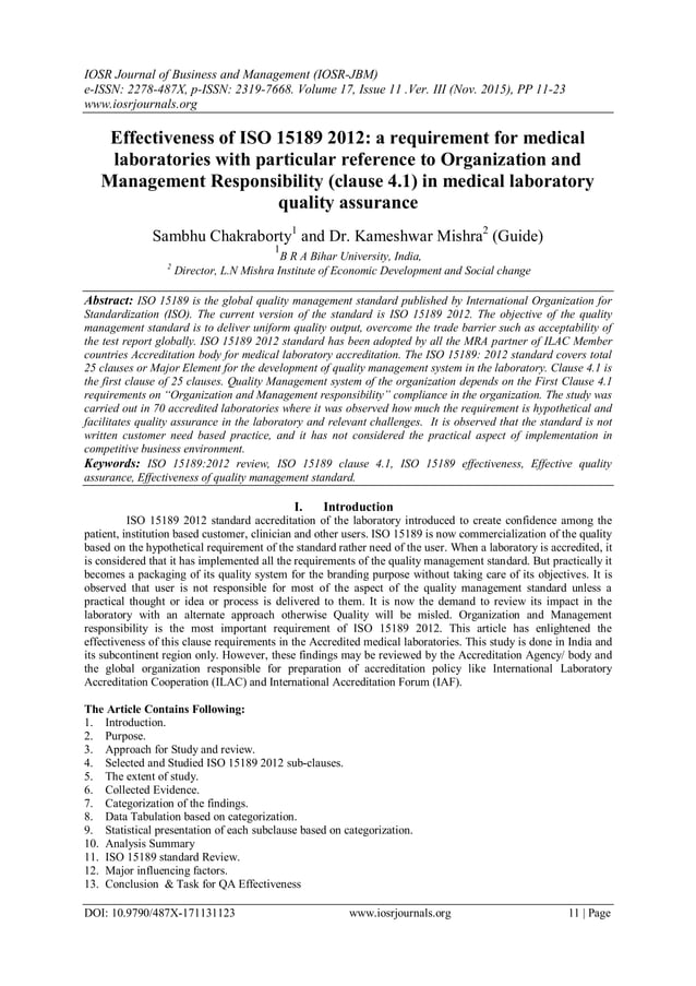 Effectiveness of ISO 15189 2012 a requirement for medical laboratories with particular