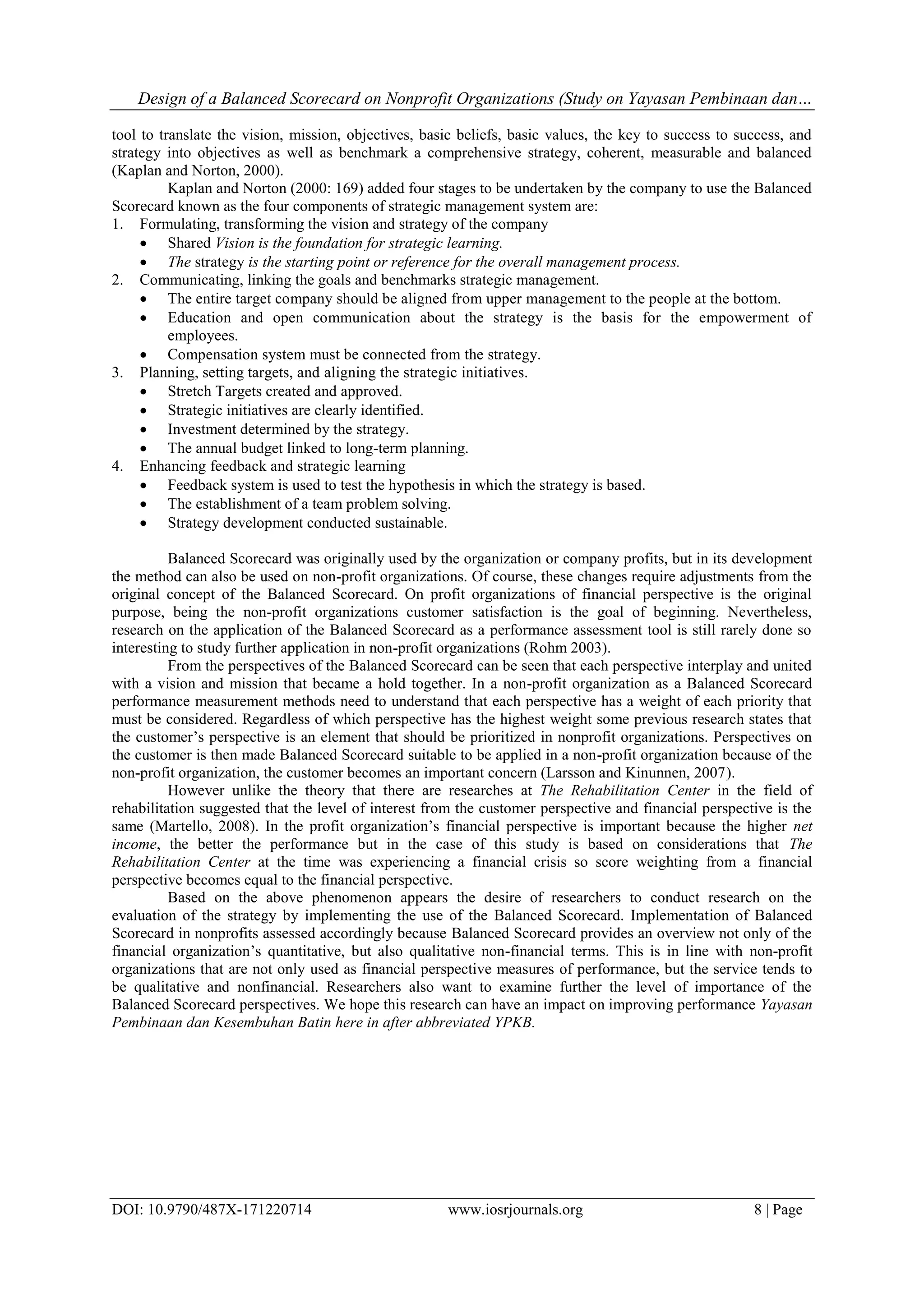 Design of a Balanced Scorecard on Nonprofit Organizations (Study on ...