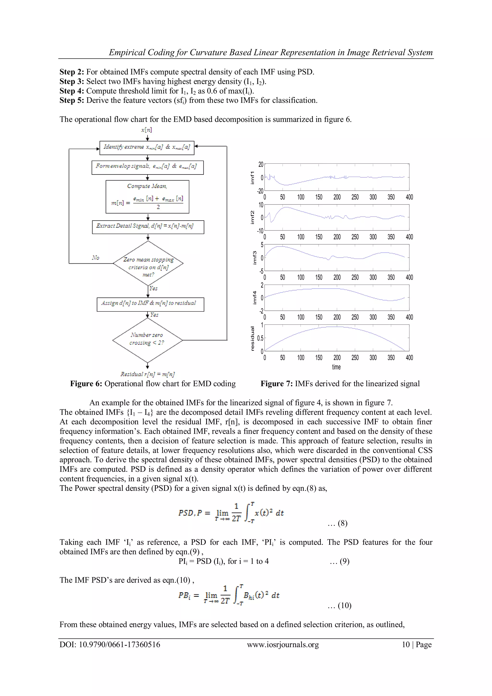 Empirical Coding for Curvature Based Linear Representation in Image Retrieval System DOI: 10.9790/0661-17360516 www.iosrjournals.org 10 | Page Step 2: For obtained IMFs compute spectral density of each IMF using PSD. Step 3: Select two IMFs having highest energy density (I1, I2). Step 4: Compute threshold limit for I1, I2 as 0.6 of max(Ii). Step 5: Derive the feature vectors (sfi) from these two IMFs for classification. The operational flow chart for the EMD based decomposition is summarized in figure 6. 0 50 100 150 200 250 300 350 400 -20 0 20 imf1 0 50 100 150 200 250 300 350 400 -10 0 10 imf2 0 50 100 150 200 250 300 350 400 -5 0 5 imf3 0 50 100 150 200 250 300 350 400 -2 0 2 imf4 0 50 100 150 200 250 300 350 400 0 0.5 1 residual time Figure 6: Operational flow chart for EMD coding Figure 7: IMFs derived for the linearized signal An example for the obtained IMFs for the linearized signal of figure 4, is shown in figure 7. The obtained IMFs {I1 – I4} are the decomposed detail IMFs reveling different frequency content at each level. At each decomposition level the residual IMF, r[n], is decomposed in each successive IMF to obtain finer frequency information’s. Each obtained IMF, reveals a finer frequency content and based on the density of these frequency contents, then a decision of feature selection is made. This approach of feature selection, results in selection of feature details, at lower frequency resolutions also, which were discarded in the conventional CSS approach. To derive the spectral density of these obtained IMFs, power spectral densities (PSD) to the obtained IMFs are computed. PSD is defined as a density operator which defines the variation of power over different content frequencies, in a given signal x(t). The Power spectral density (PSD) for a given signal x(t) is defined by eqn.(8) as, … (8) Taking each IMF ‘Ii’ as reference, a PSD for each IMF, ‘PIi’ is computed. The PSD features for the four obtained IMFs are then defined by eqn.(9) , PIi = PSD (Ii), for i = 1 to 4 … (9) The IMF PSD’s are derived as eqn.(10) , … (10) From these obtained energy values, IMFs are selected based on a defined selection criterion, as outlined, 