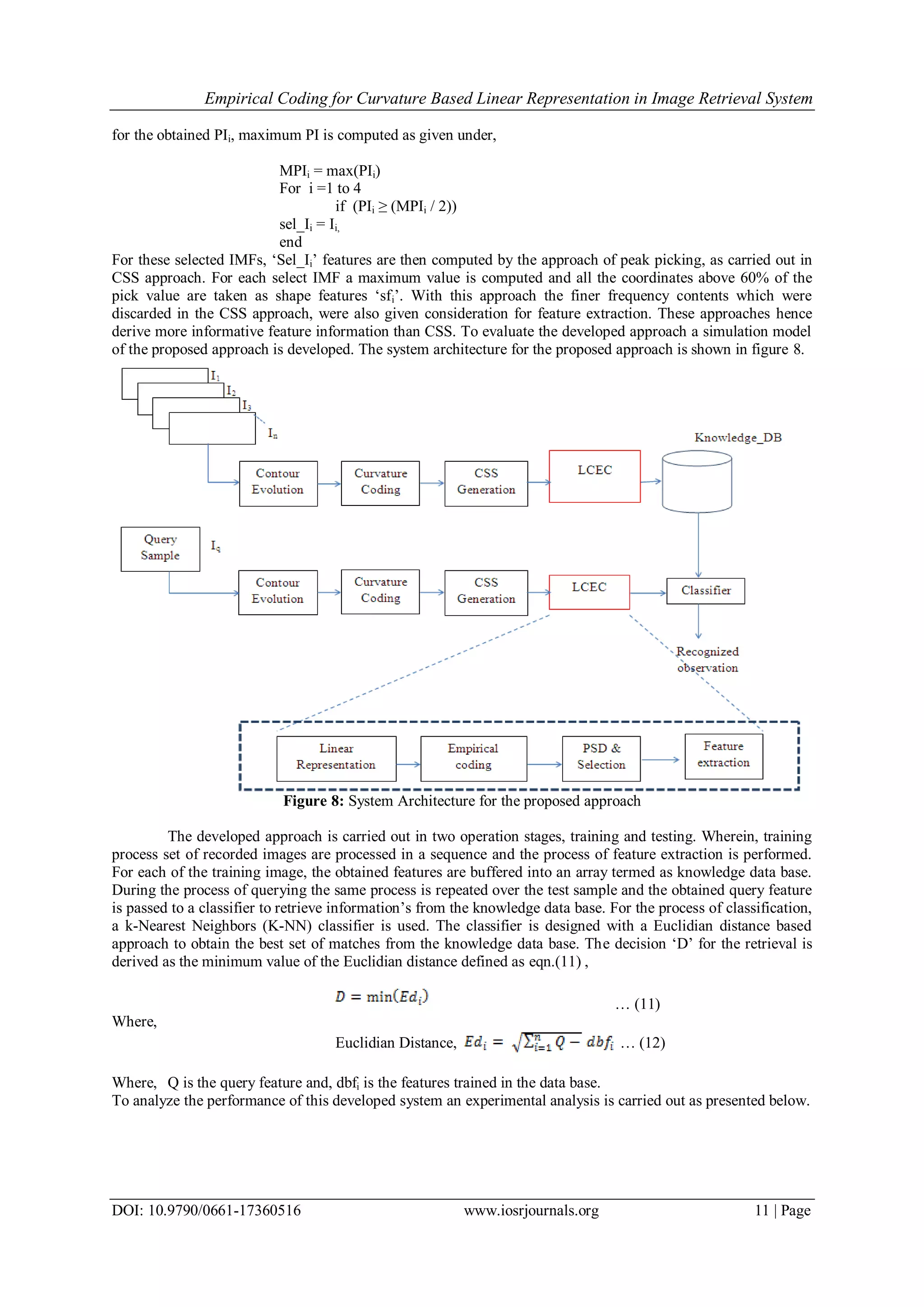 Empirical Coding for Curvature Based Linear Representation in Image Retrieval System DOI: 10.9790/0661-17360516 www.iosrjournals.org 11 | Page for the obtained PIi, maximum PI is computed as given under, MPIi = max(PIi) For i =1 to 4 if (PIi ≥ (MPIi / 2)) sel_Ii = Ii, end For these selected IMFs, ‘Sel_Ii’ features are then computed by the approach of peak picking, as carried out in CSS approach. For each select IMF a maximum value is computed and all the coordinates above 60% of the pick value are taken as shape features ‘sfi’. With this approach the finer frequency contents which were discarded in the CSS approach, were also given consideration for feature extraction. These approaches hence derive more informative feature information than CSS. To evaluate the developed approach a simulation model of the proposed approach is developed. The system architecture for the proposed approach is shown in figure 8. Figure 8: System Architecture for the proposed approach The developed approach is carried out in two operation stages, training and testing. Wherein, training process set of recorded images are processed in a sequence and the process of feature extraction is performed. For each of the training image, the obtained features are buffered into an array termed as knowledge data base. During the process of querying the same process is repeated over the test sample and the obtained query feature is passed to a classifier to retrieve information’s from the knowledge data base. For the process of classification, a k-Nearest Neighbors (K-NN) classifier is used. The classifier is designed with a Euclidian distance based approach to obtain the best set of matches from the knowledge data base. The decision ‘D’ for the retrieval is derived as the minimum value of the Euclidian distance defined as eqn.(11) , … (11) Where, Euclidian Distance, … (12) Where, Q is the query feature and, dbfi is the features trained in the data base. To analyze the performance of this developed system an experimental analysis is carried out as presented below. 