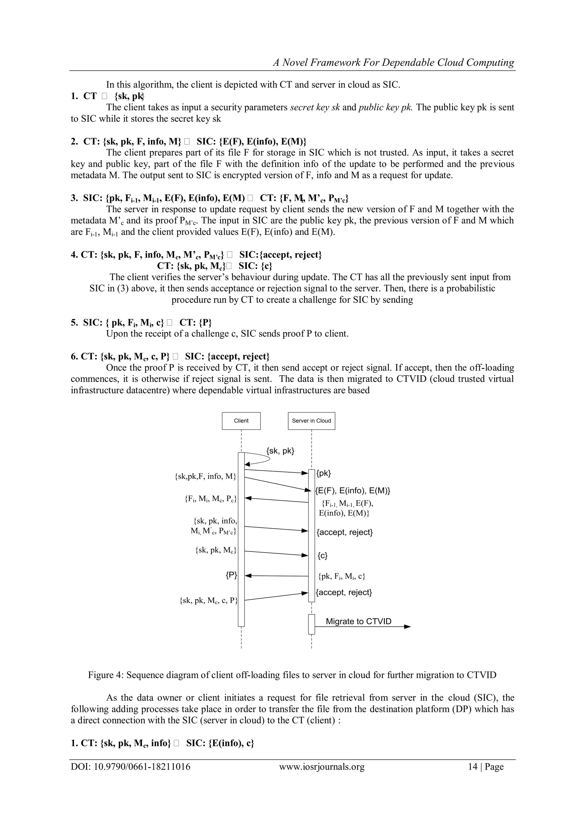 A Novel Framework For Dependable Cloud Computing
DOI: 10.9790/0661-18211016 www.iosrjournals.org 14 | Page
In this algorithm, the client is depicted with CT and server in cloud as SIC.
1. CT ← {sk, pk}
The client takes as input a security parameters secret key sk and public key pk. The public key pk is sent
to SIC while it stores the secret key sk
2. CT: {sk, pk, F, info, M}← SIC: {E(F), E(info), E(M)}
The client prepares part of its file F for storage in SIC which is not trusted. As input, it takes a secret
key and public key, part of the file F with the definition info of the update to be performed and the previous
metadata M. The output sent to SIC is encrypted version of F, info and M as a request for update.
3. SIC: {pk, Fi-1, Mi-1, E(F), E(info), E(M)← CT: {F, Mi, M’c, PM’c}
The server in response to update request by client sends the new version of F and M together with the
metadata M‟c and its proof PM‟c. The input in SIC are the public key pk, the previous version of F and M which
are Fi-1, Mi-1 and the client provided values E(F), E(info) and E(M).
4. CT: {sk, pk, F, info, Mc, M’c, PM’c}← SIC:{accept, reject}
CT: {sk, pk, Mc}← SIC: {c}
The client verifies the server‟s behaviour during update. The CT has all the previously sent input from
SIC in (3) above, it then sends acceptance or rejection signal to the server. Then, there is a probabilistic
procedure run by CT to create a challenge for SIC by sending
5. SIC: { pk, Fi, Mi, c}← CT: {P}
Upon the receipt of a challenge c, SIC sends proof P to client.
6. CT: {sk, pk, Mc, c, P}← SIC: {accept, reject}
Once the proof P is received by CT, it then send accept or reject signal. If accept, then the off-loading
commences, it is otherwise if reject signal is sent. The data is then migrated to CTVID (cloud trusted virtual
infrastructure datacentre) where dependable virtual infrastructures are based
Client Server in Cloud
{sk,pk,F, info, M}
{sk, pk}
{E(F), E(info), E(M)}
{pk}
{sk, pk, info,
Mi, M‟
c, PM‟c}
{Fi-1, Mi-1, E(F),
E(info), E(M)}
{sk, pk, Mc, c, P}
{Fi, Mi, Mc, Pc}
{accept, reject}
{sk, pk, Mc}
{c}
{pk, Fi, Mi, c}{P}
{accept, reject}
Migrate to CTVID
Figure 4: Sequence diagram of client off-loading files to server in cloud for further migration to CTVID
As the data owner or client initiates a request for file retrieval from server in the cloud (SIC), the
following adding processes take place in order to transfer the file from the destination platform (DP) which has
a direct connection with the SIC (server in cloud) to the CT (client) :
1. CT: {sk, pk, Mc, info}← SIC: {E(info), c}
 